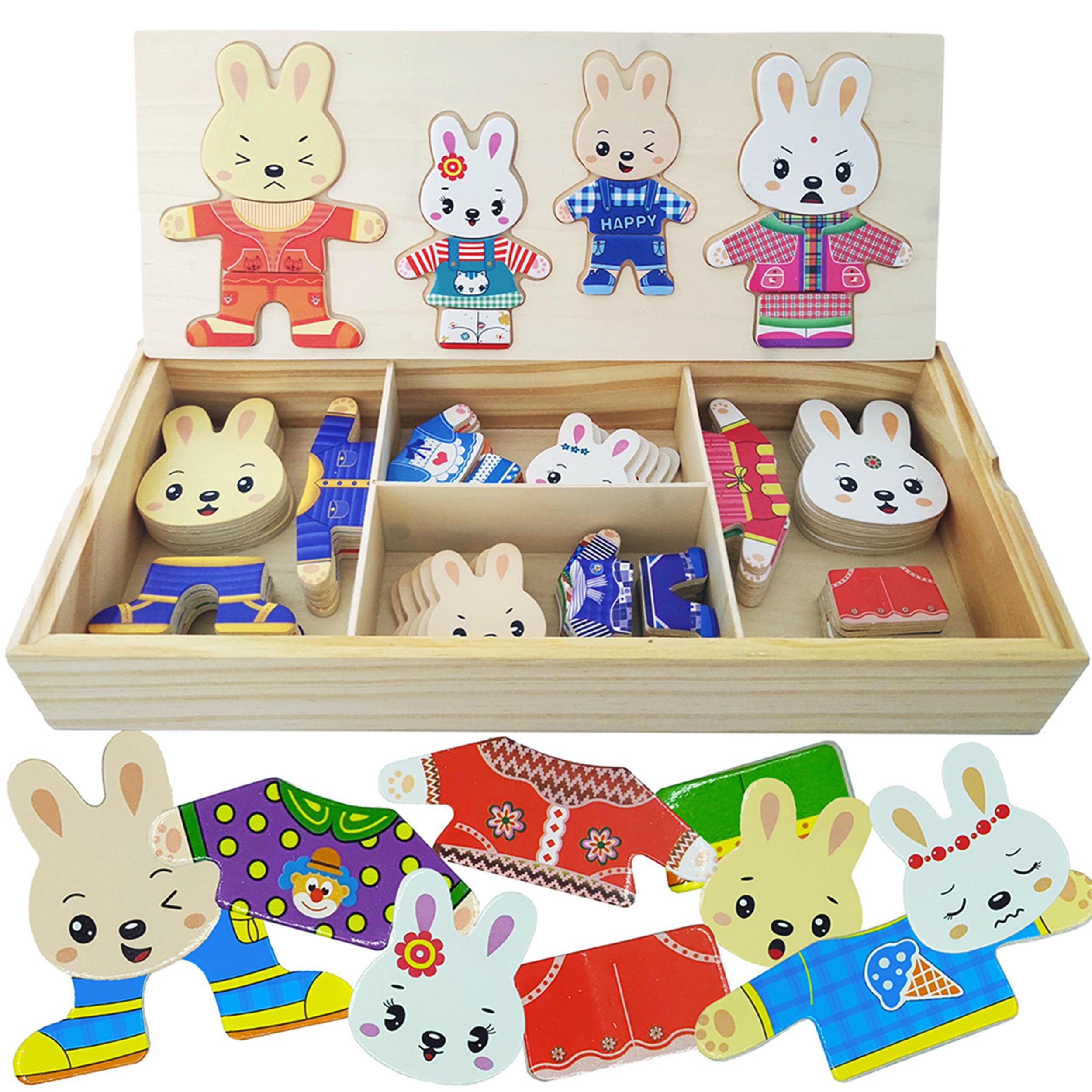 LilyBeauty Wooden Bunny Family Dress-up Puzzle Box for Toddlers(72pcs),Change Clothes Puzzle Games, Preschool Learning Activities Toys for Kids Ages 3