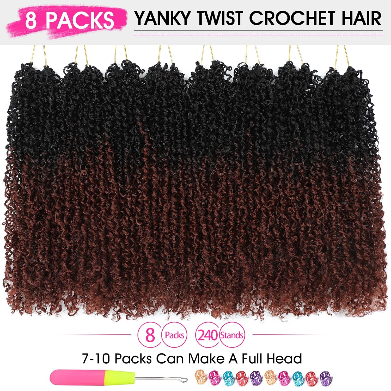 NAYOO 12 Inch Yanky Twist Crochet Hair - 8 Packs (30 Stands/Pack) Mini Passion Twist with Curly Ends Synthetic Pre-Looped Crochet Braids Braiding Hair(12 Inch, T350)