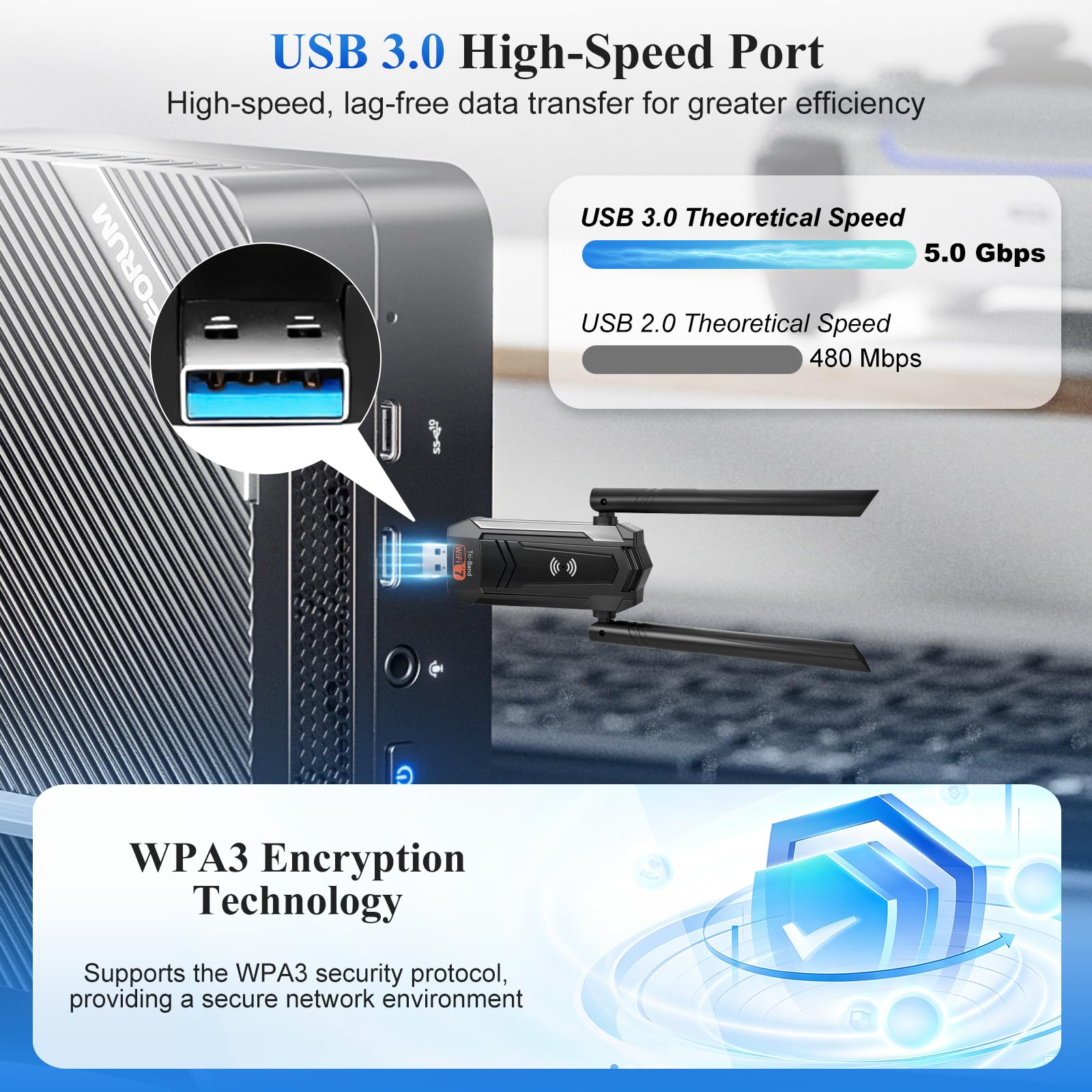 Llave WiFi 7 potente BE6500 llave inalámbrica adaptador USB 3.0