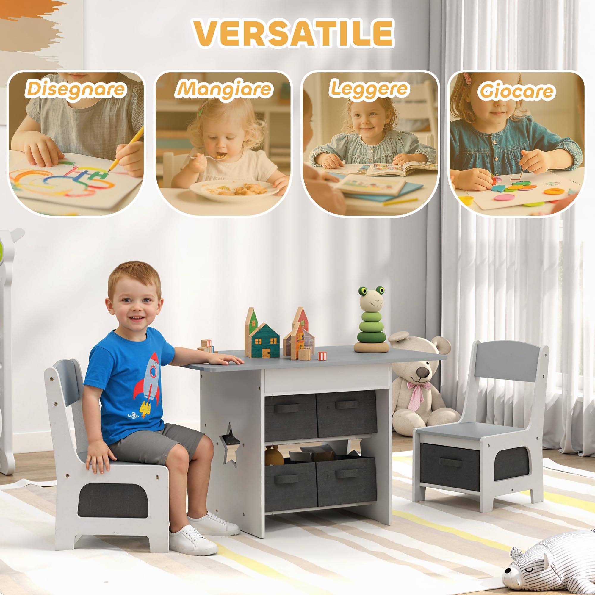 AIYAPLAY Set Tavolo e 2 Sedie per Bambini 3-8 Anni con 6 Cassetti Pieghevoli, Tavolino per Bambini con Sedie in Legno e Contenitori Portaoggetti in Tessuto non Tessuto, per Cameretta, Grigio e Bianco