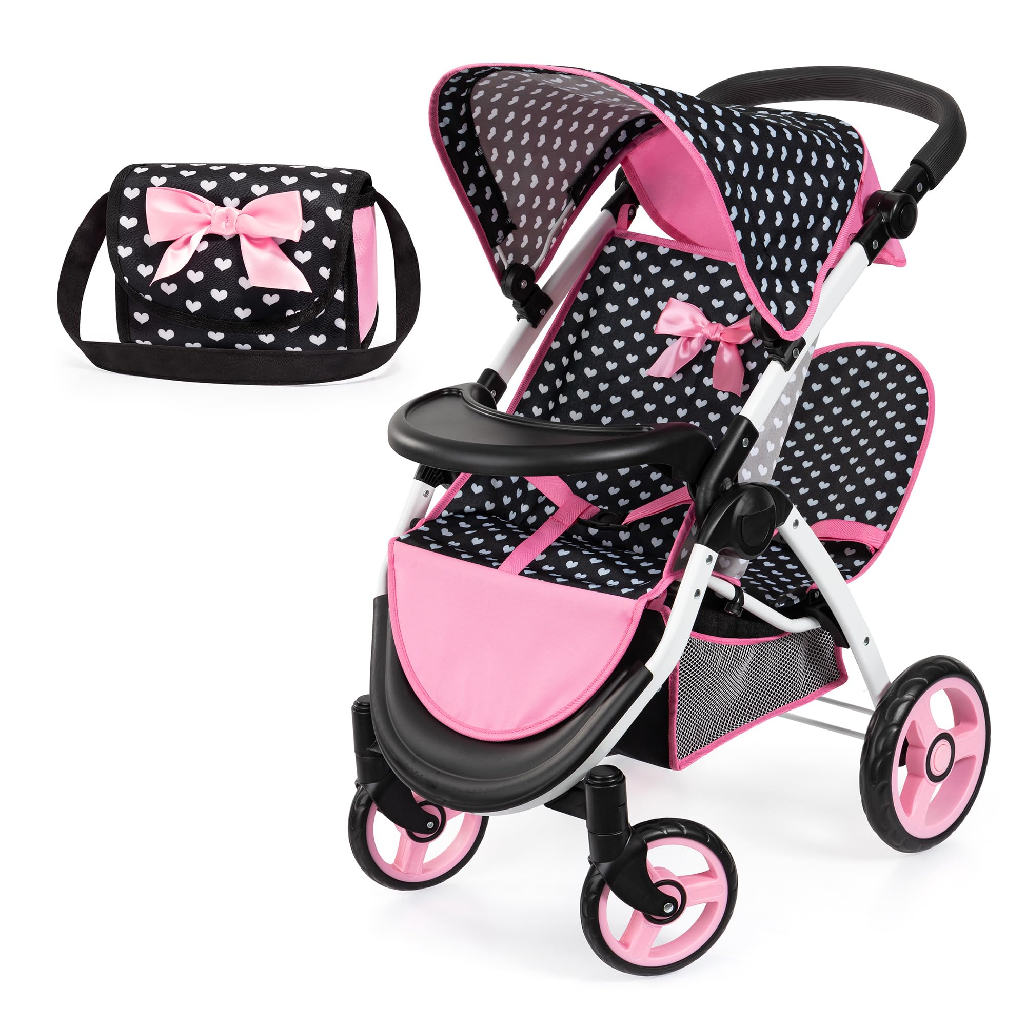 Bayer: Twin Star: Twin Dolls Stroller - Black, Pink, Heart - Seats 2 Dolls Up to 18", Shoulder Bag, Foldable Sibling Buggy, Kids Ages 3+