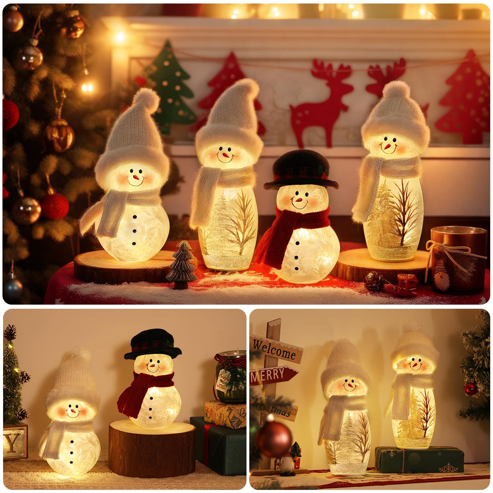 Lewondr 2PCS Décorations De Table De Noël, 9,45" Figurines De Bonhommes De Neige Lumineuses, Bonhommes De Neige en Verre Craquelé De Noël avec Écharpes Et Bonnets Tricotés pour La Maison