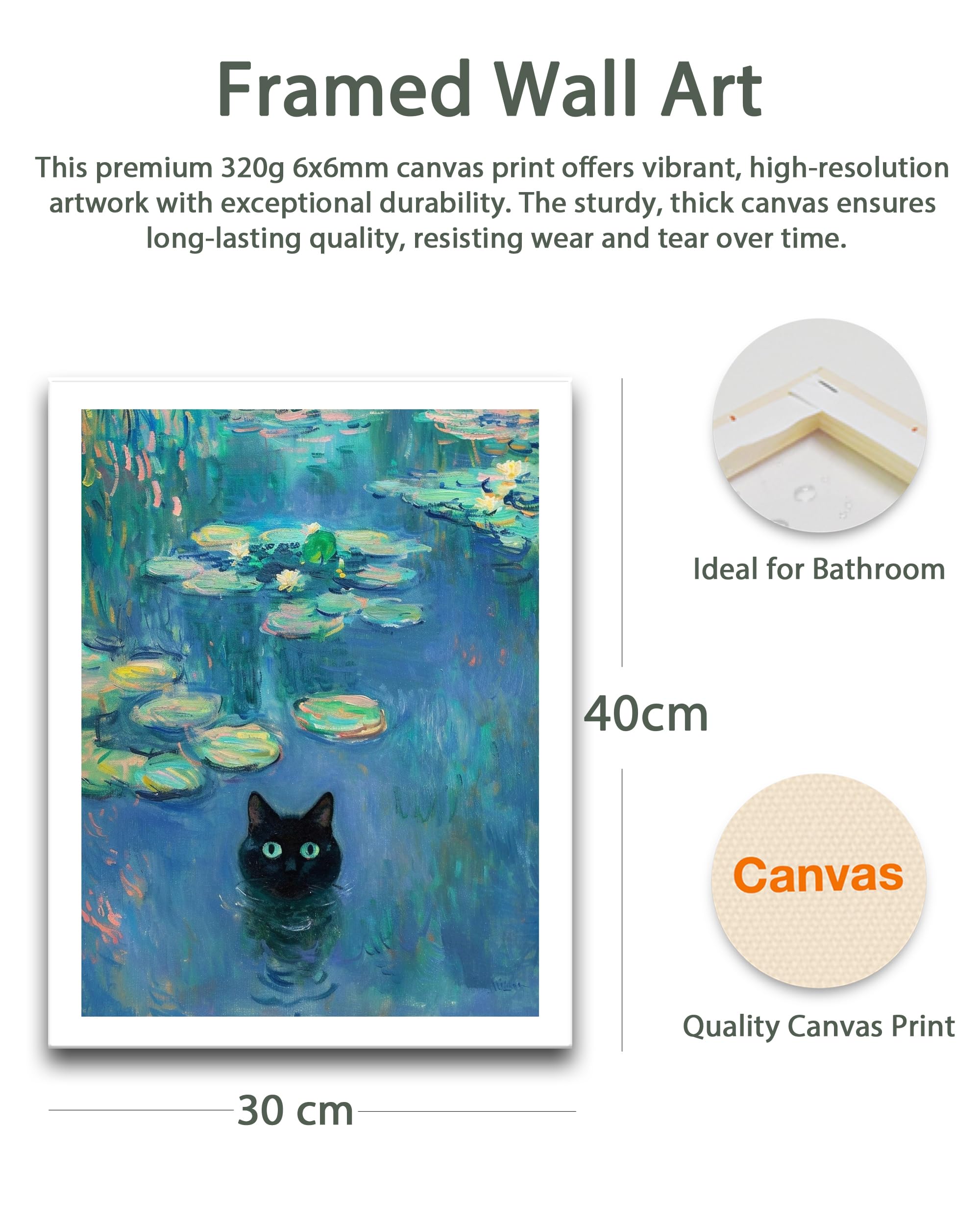 HesenDot Cat Head Framed Wall Art,30x40CM Claude Monet Waterlily Cute Cat Canvas Poster,Funny Animal Painting Print Wall Decor for Home Living Room Kid Bedroom Bathroom,Set of 1 - Image 2