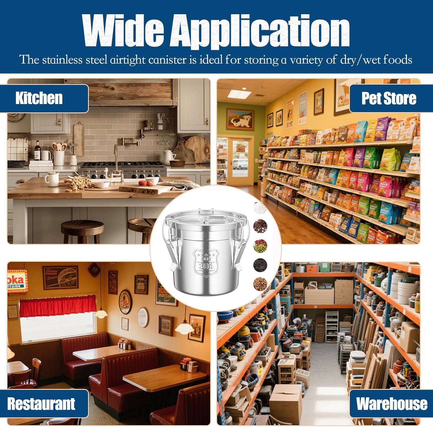 1.6Gal/6L Stainless Steel Airtight Canister, Airtight Food Storage Container with Lid and Lock Clips, 304 Stainless Steel Canister for Rice, Flour, Grain, Coffee Bean