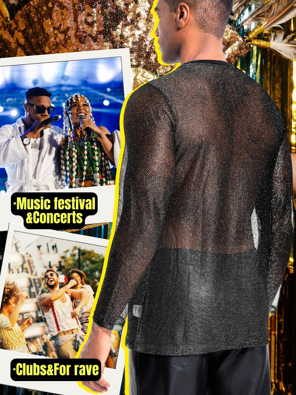 Mens Sexy Silver Glitter Mesh Shirt, Long Sleeve Sheer See Through Fishnet Top, Club Party Rave Outfit Music Festival - Image 3