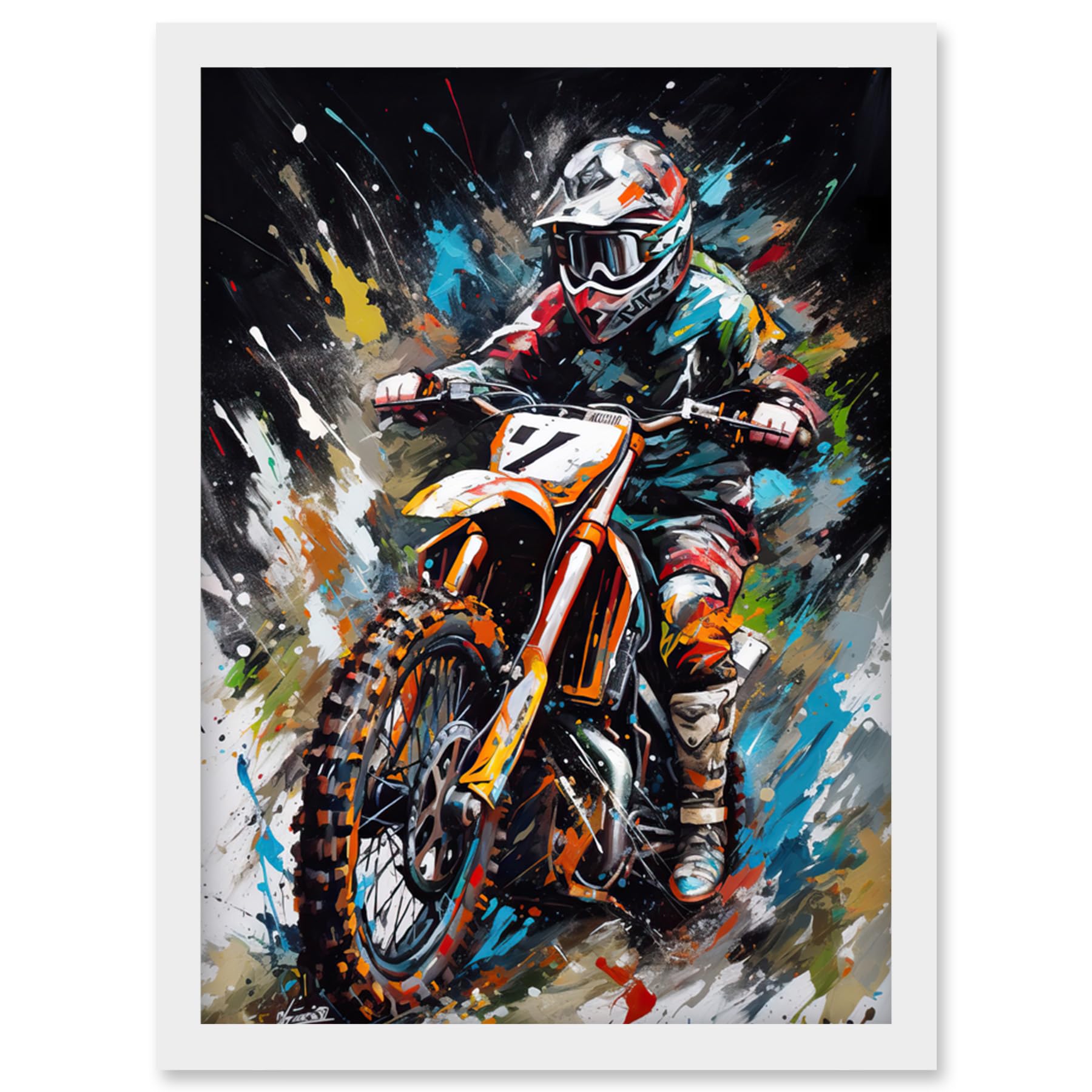 Artery8 Motocross Race Driver Number 7 Racing Action Shot Artwork Framed Wall Art Print A4