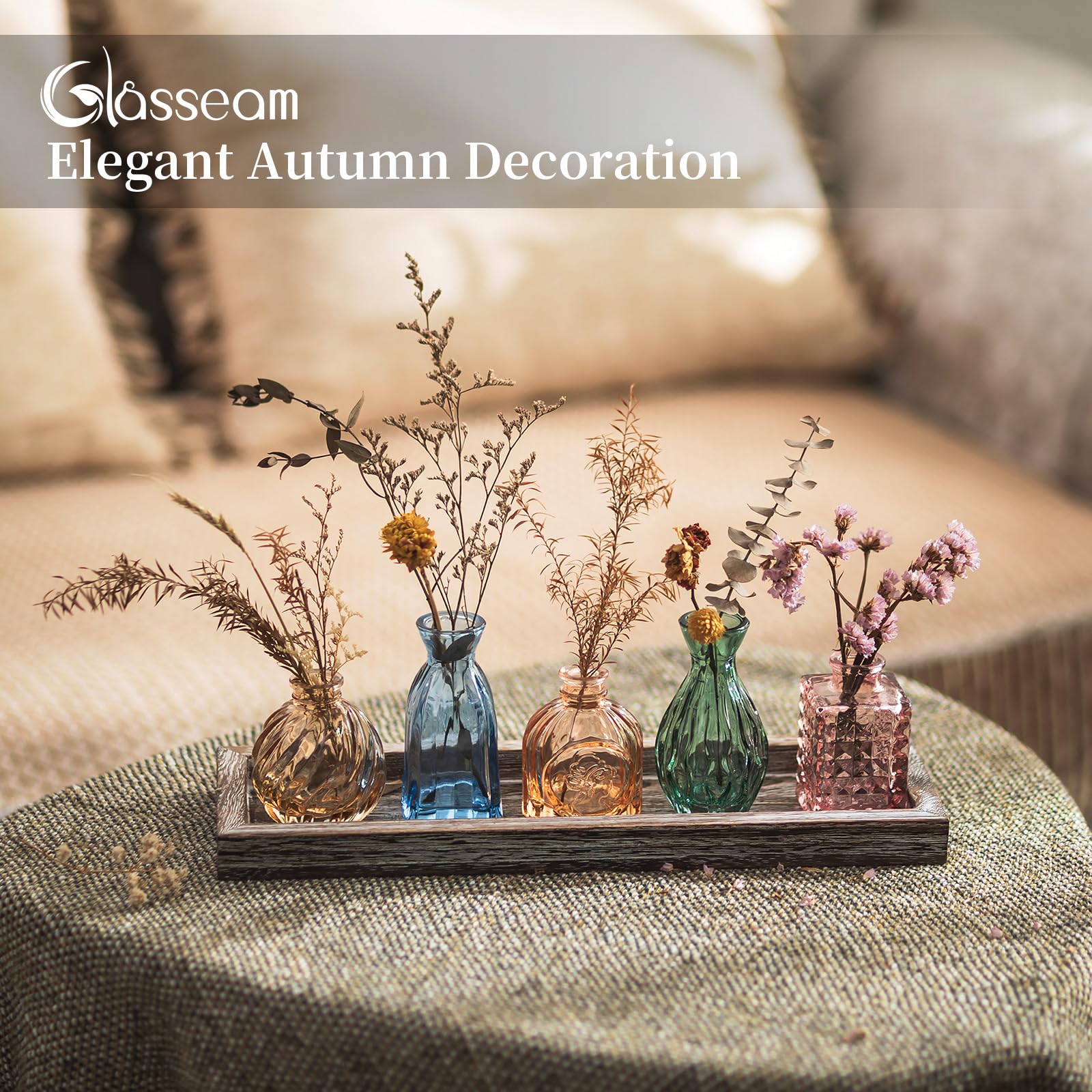 Glasseam Piccolo Vaso di Vetro per La Casa: 5 Vasi Colorati con Vassoio di Legno per Il Centrotavola del Soggiorno E Dell'Ufficio - Set di Vasi di Fiori di Classe per I Regali di Compleanno