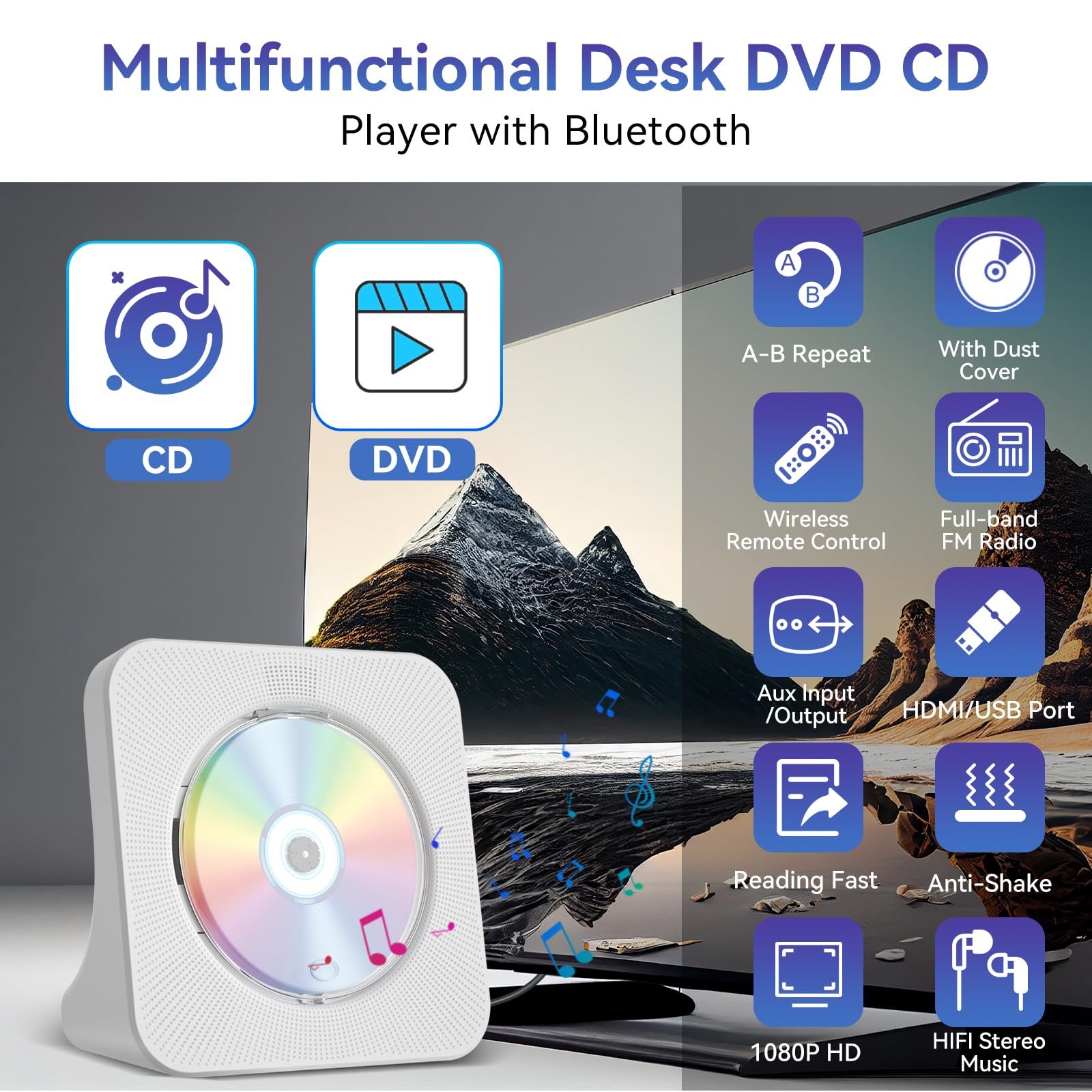 Qoosea Lettore DVD CD per TV con Bluetooth HDMI e Lettore DVD CD Desktop senza limiti di Regione con Altoparlanti Display Sveglia Radio FM Riproduzione USB Card Telecomando e Cavo HDMI(bianco)