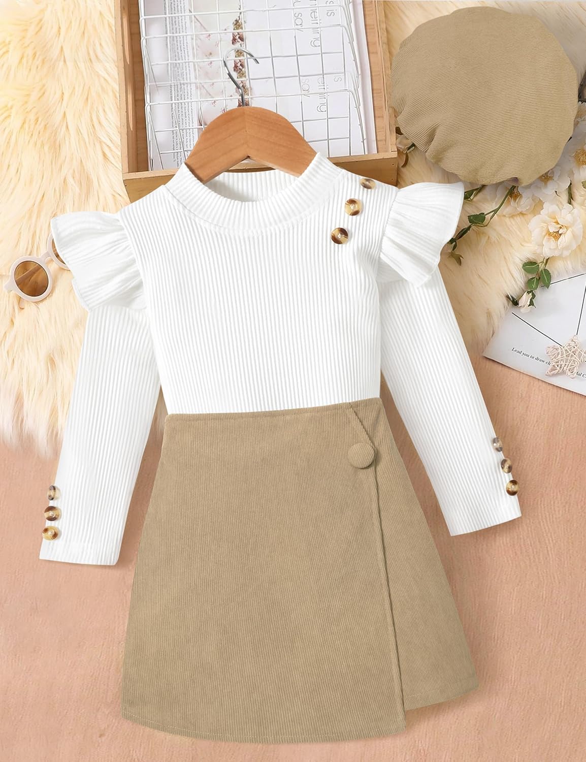 MIGU Girls Clothes Ruffle Long Sleeve Round Neck Button Top Skirt Short Beret Fall Outfit 3 Piece Skirt Set - Image 6