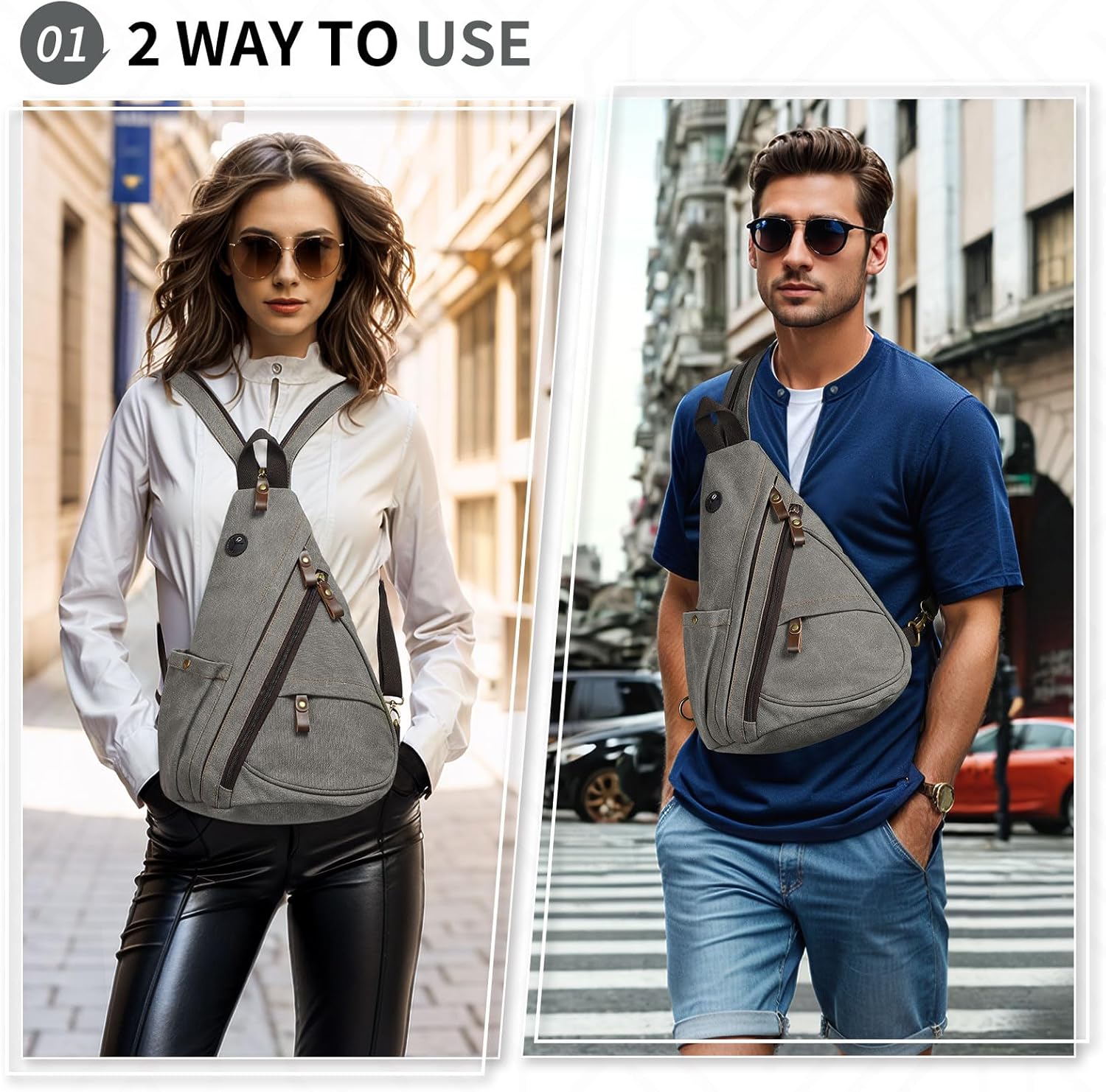 Vintage Canvas Sling Bag with Genuine Leather Zipper, 3 in 1 Crossbody, Backpack, and Chest Bag, for Travel, Hiking, 16x10x6 Inches, Gray - Image 2