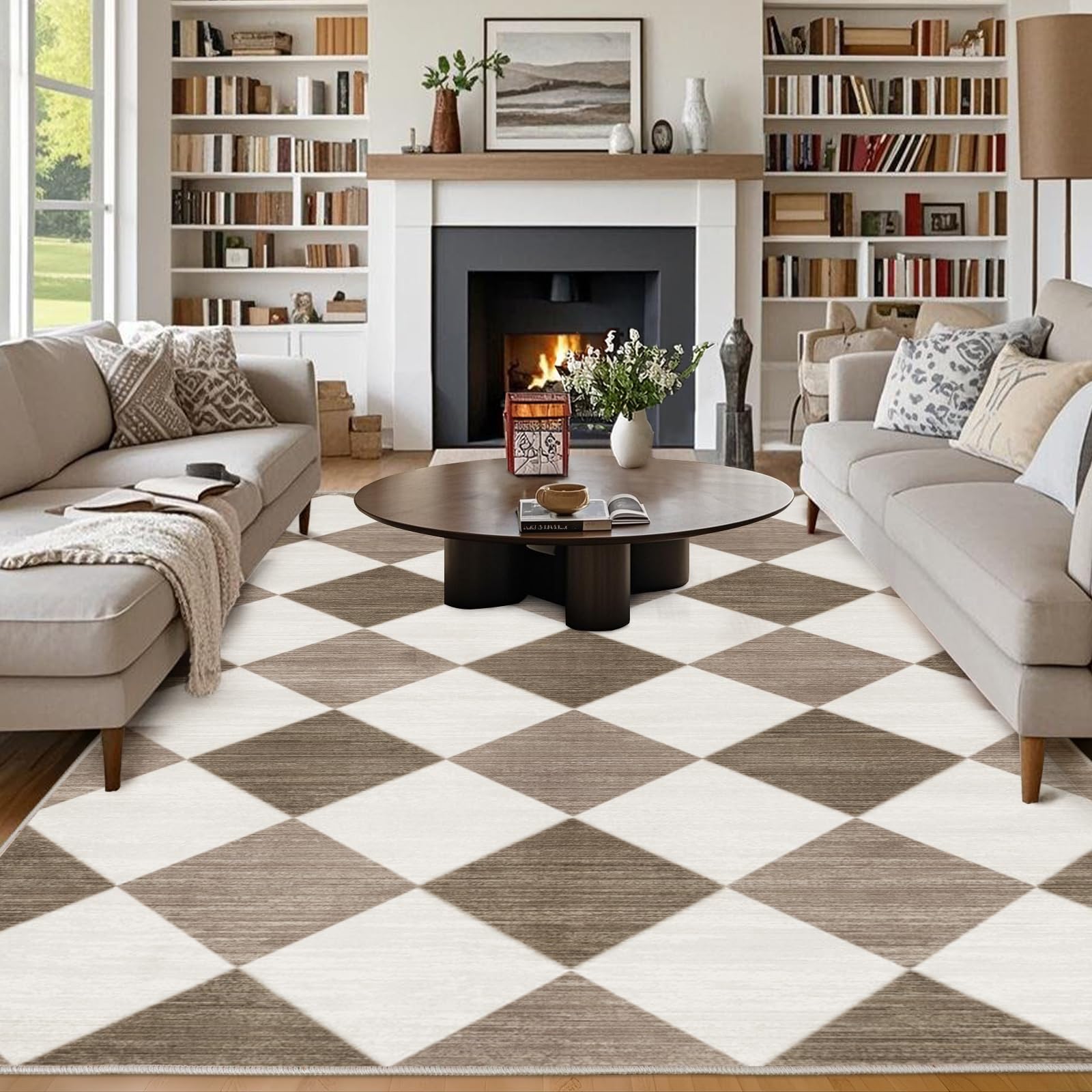 Chicnix Teppich Wohnzimmer 200x300, Großer Teppich Waschbar Kurzflor rutschfest, Moderner Kariert Muster Design Teppiche für Schlafzimmer Kinderzimmer Büro Esszimmer Dekor, Braun Beige Weiß