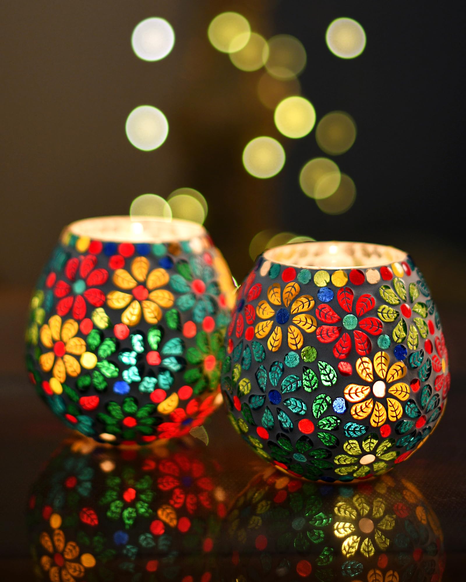 Homesake Tealight Candle Holders for Home Decor, Mosaic Glass, Flowers Diwali Decoration Items, Diwali Gift Items, Diwali Decoration Items for Home Decor | Pack of 2-picture-7