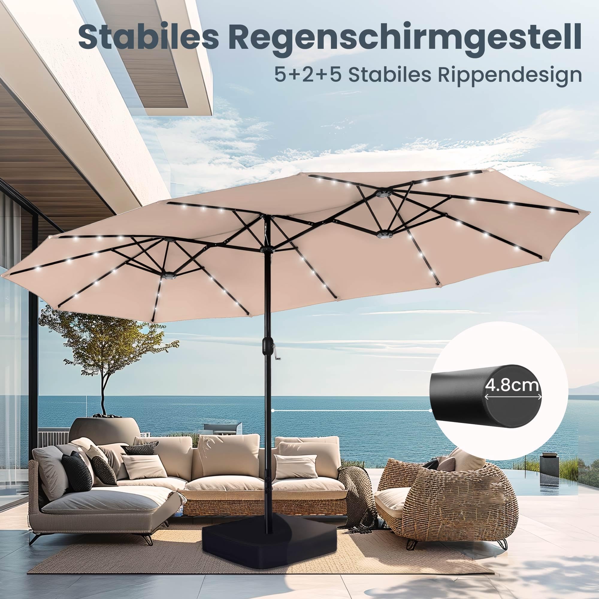 PHI VILLA Sonnenschirm Rechteckig mit Ständer Groß 270x450cm für Garten Terrasse Gartenschirm mit Kurbel UV Schutz Parasol Windfest