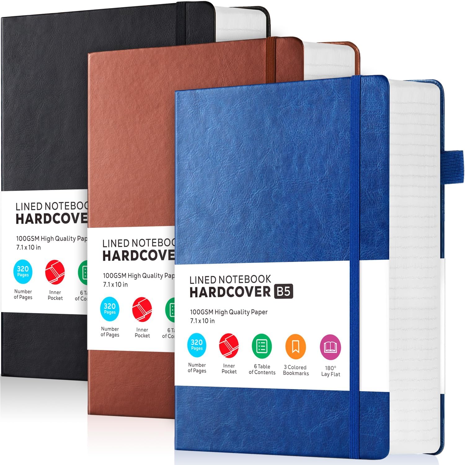 FOCUS DAY 3 Pack Leather Notebooks Journals, Bulk Lined Notebook Journals Set for Women Men Writing, 320 Pages Hardcover B5 College Ruled Notebook Journal Notepad for School Office, Black Blue Brown