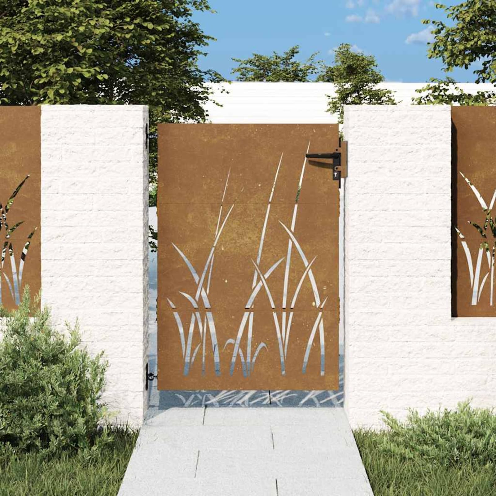 Cancello da giardino 85 x 150 cm, in acciaio Corten, design erba, taglio laser, chiudibile, resistente alle intemperie, effetto ruggine, per giardino e terrazza