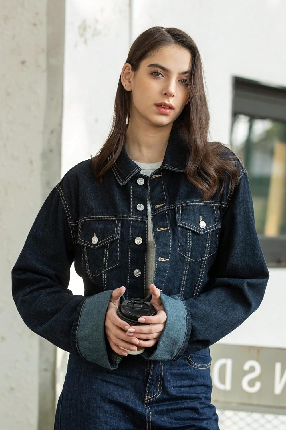 Women's Cropped Denim Jacket Button Up Long Sleeve Turn-Up Cuff Jean Jacket Women Coat - Image 2