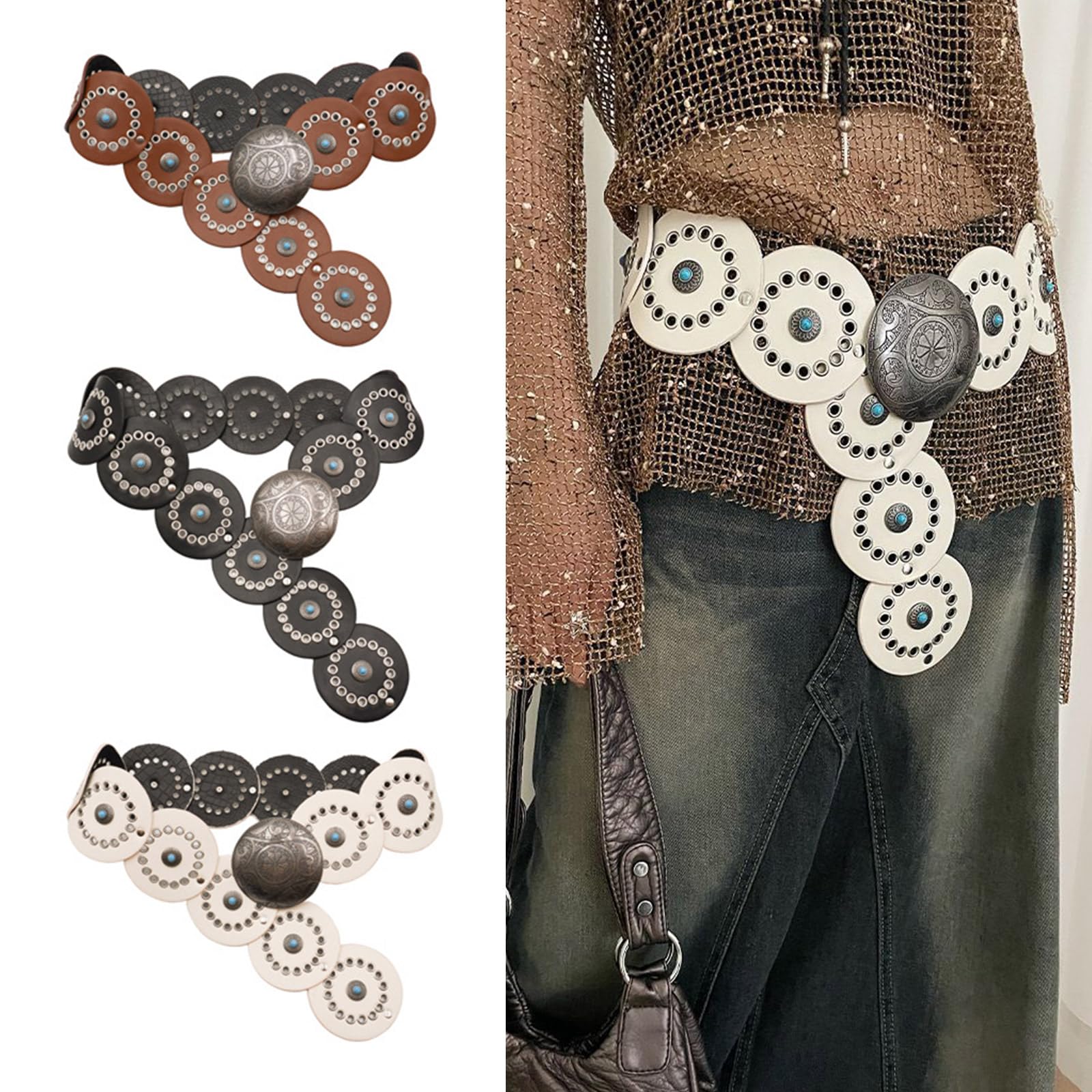 GRABAGECAN Wide Belt For Women Grommet Waist Chain Retro Discs Chain Belly Chain For Dress Western Carving Belt Waist Chain