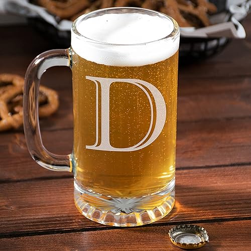 Miniatura 230 de Taza de cerveza de vidrio con monograma grabado de 16 onzas (letra T), regalos de cerveza personalizados de la A-Z para hombres, Día del Padre