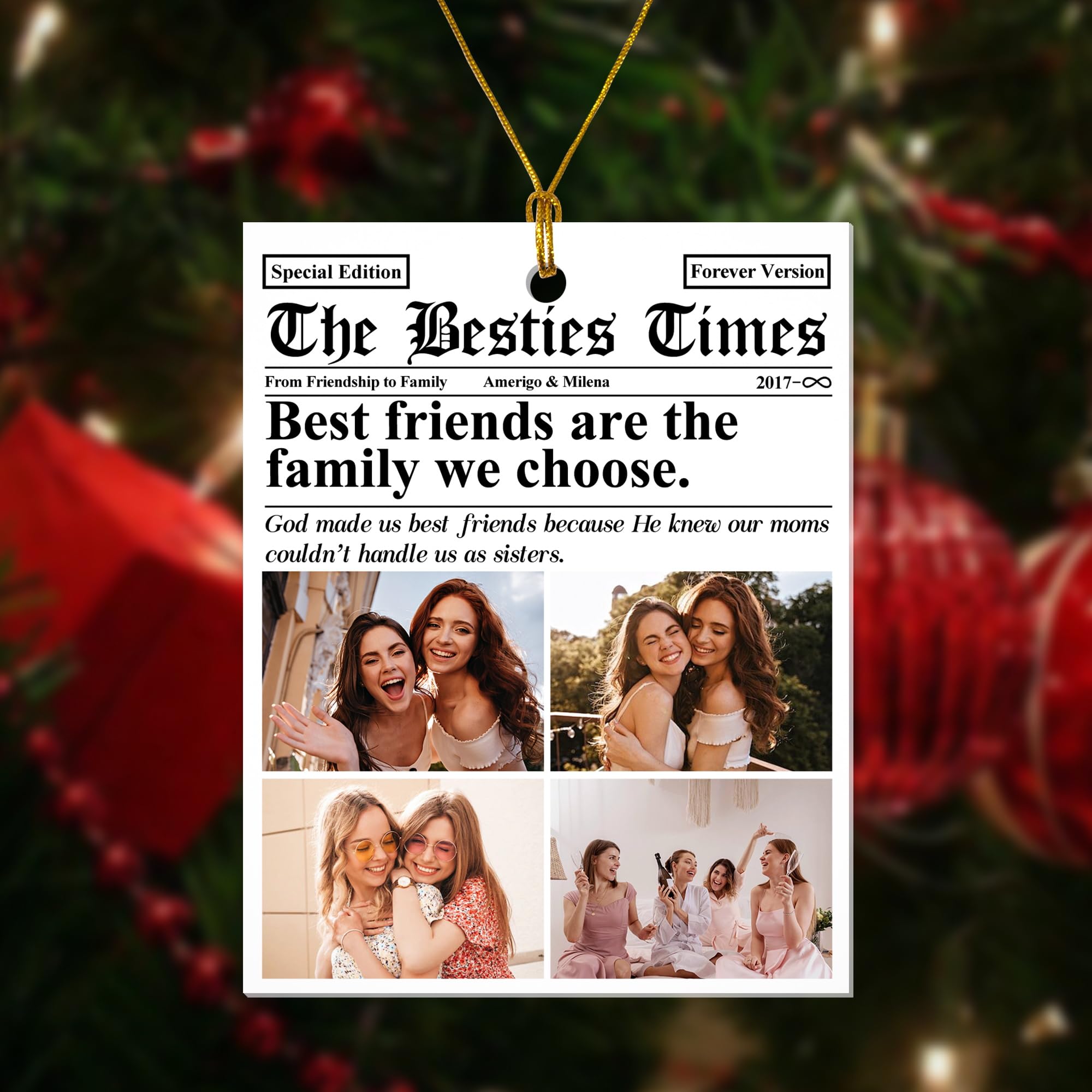 The BFF Times - Friendship Gifts Newspaper, Personalized Acrylic Photo Ornament for Besties Friends, Mini Christmas Ornaments, for Girl Women