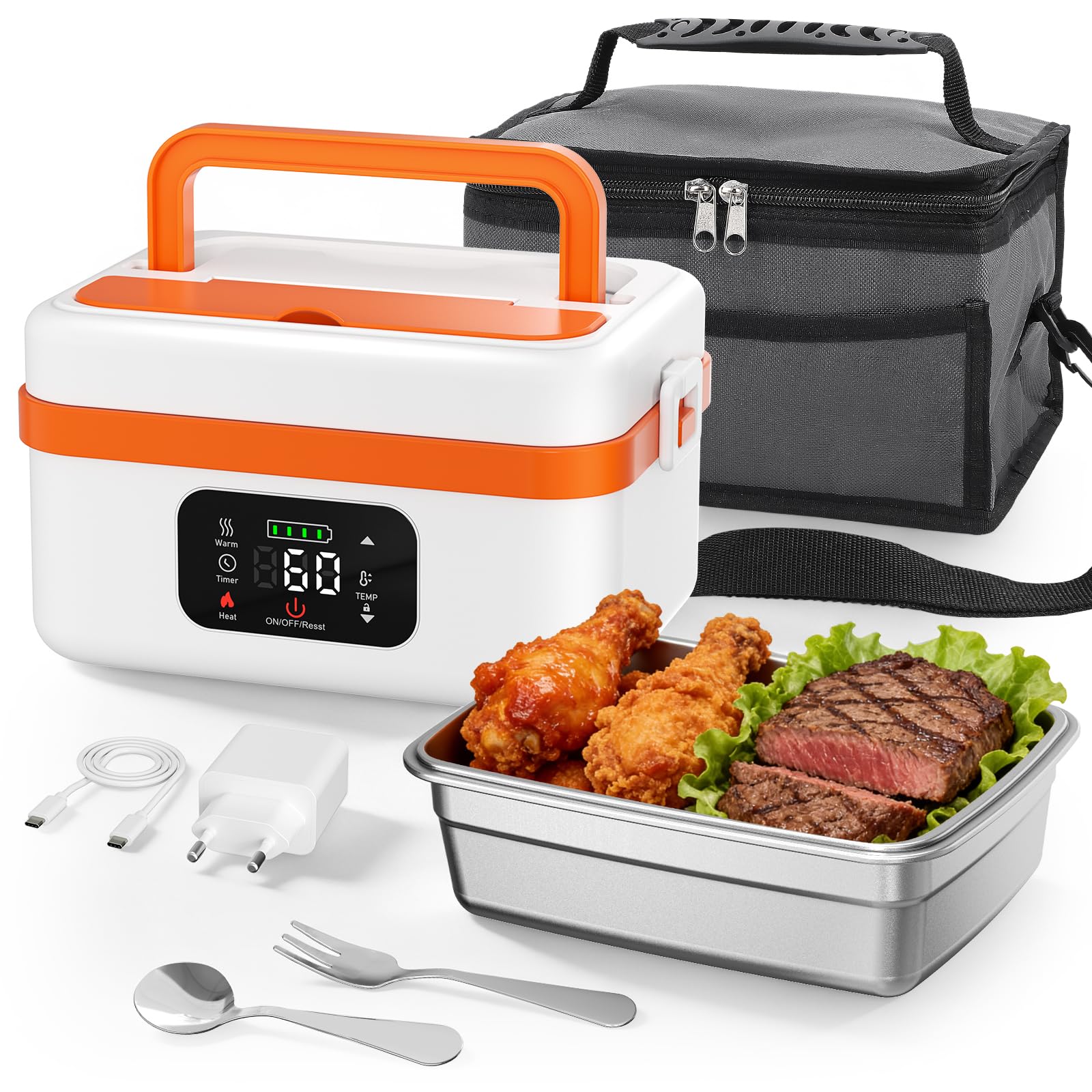 Fiambrera Electrica, 1L Inteligente Fiambrera Termica Portátil con Pantalla Táctil, Taper Electrico para Comida con Vajilla de Acero Inoxidable y Bolsa Aislante para Coche Oficina Viajes