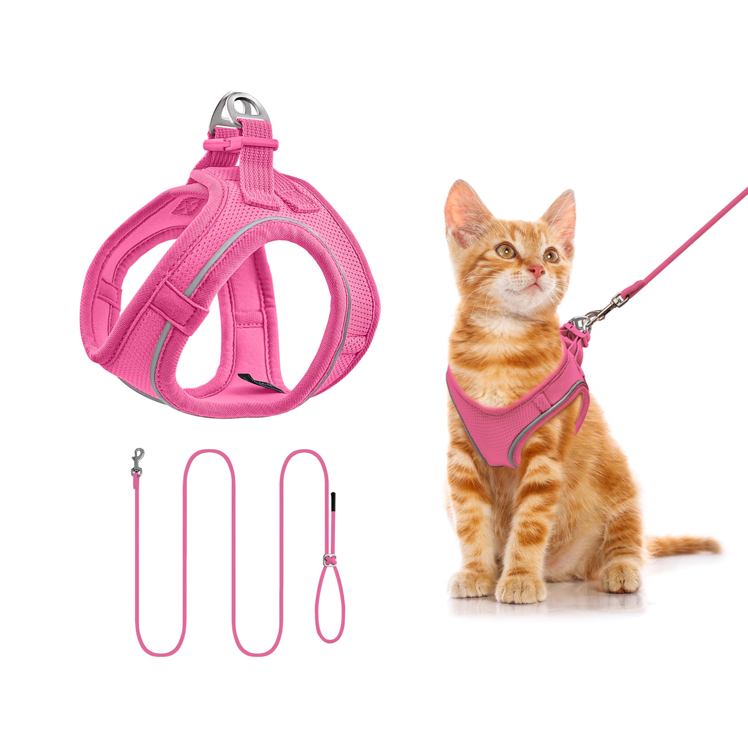Imbracatura Gatto Regolabile, Imbracatura Anti Fuga Gatto Leggera per Gattino, Imbracatura e Guinzagli per Gatti Traspirante Facile da Controllare con Strisce Riflettenti (Rosa Xxs)