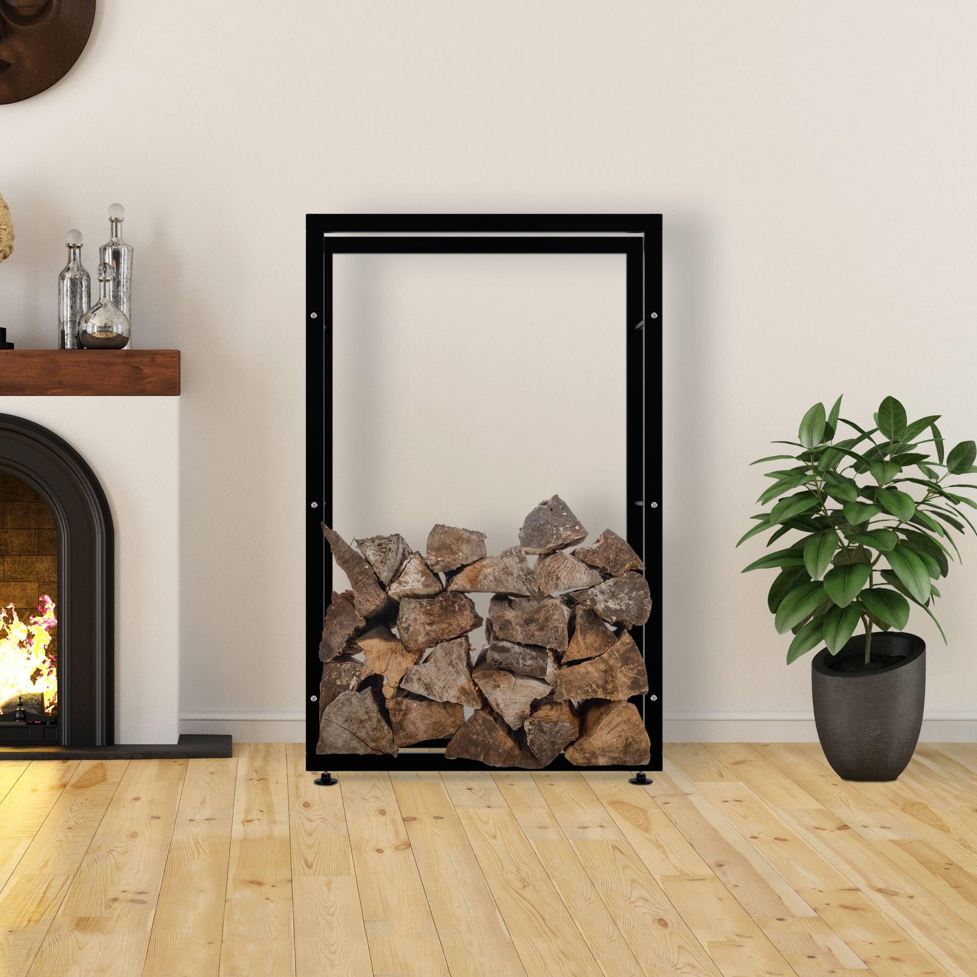CLP Soporte para Organizar La Leña Keri I Estante Metálico para Almacenar La Madera En Interiores I Leñero Moderno, Color:Negro, Tamaño:25x80x125 cm