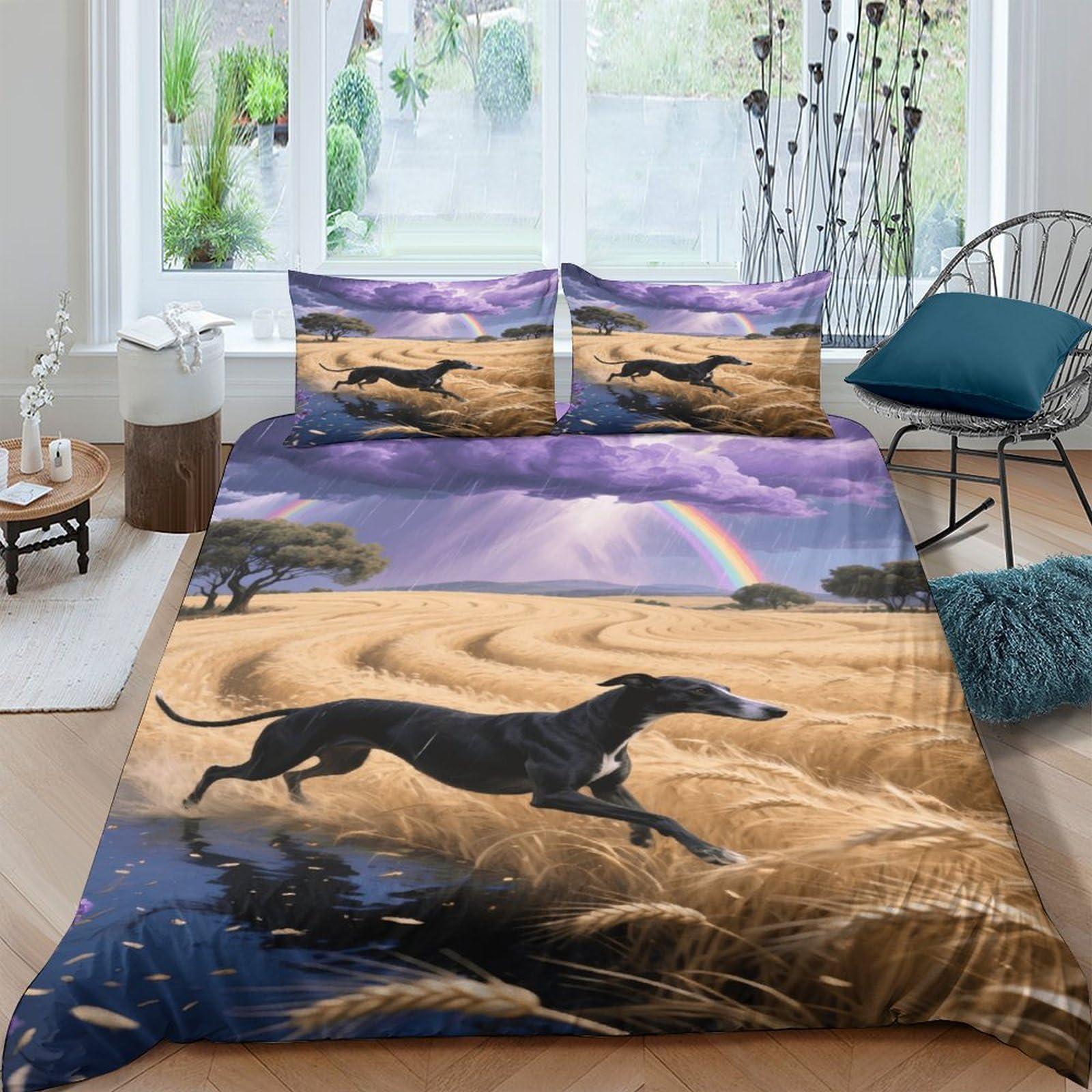 EMYXPAQM Greyhound Duvet Cover Set 3D Dog Wheat Field Print Bedding Set Soft Microfiber Quilt Cover with Hidden Zipper & Pillowcase For Boys/Girls Kids Double（200x200cm）