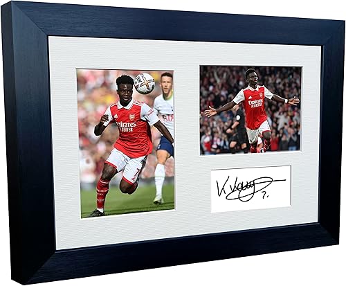 Marco de fotos A4 con triple autógrafo del Arsenal Bukayo Saka 2022/23, 12 x 8 pulgadas, póster de fútbol y fútbol, regalo