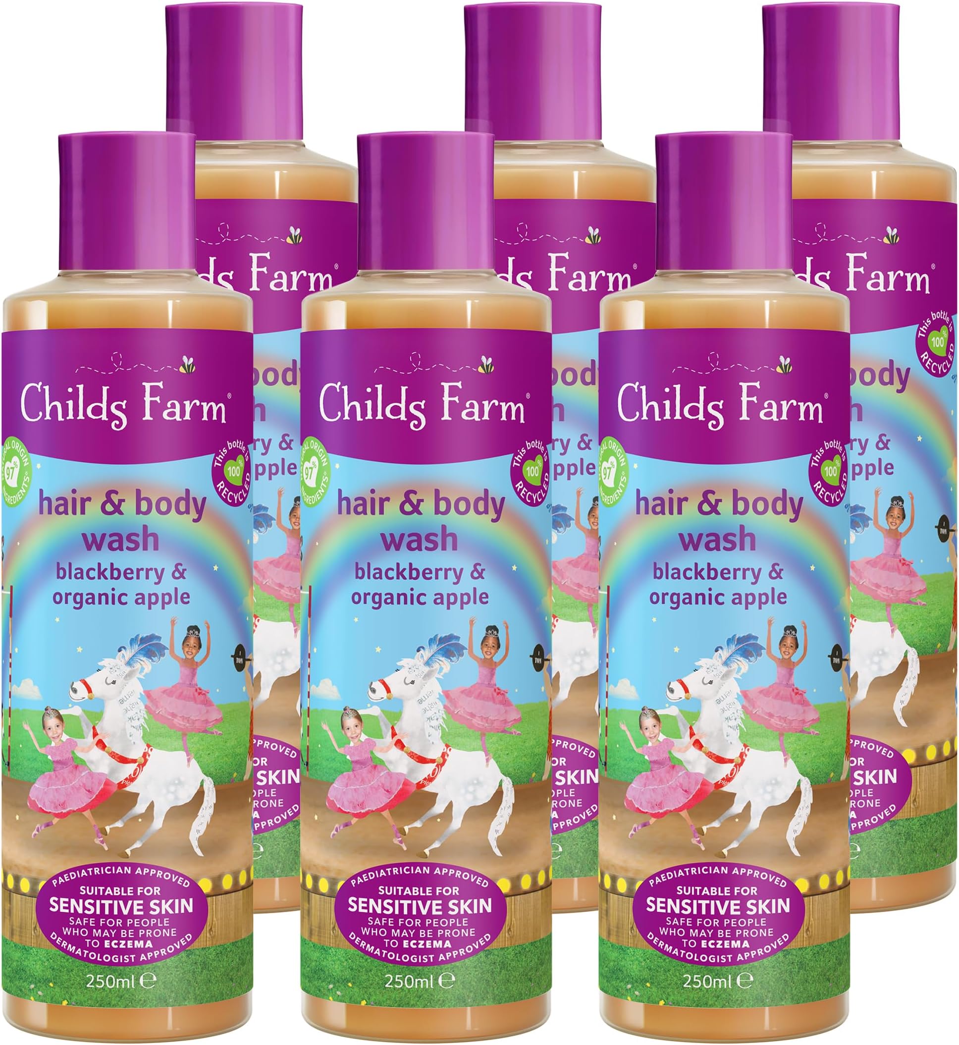 Kids Hair & Body Wash | Blackberry & Organic Apple | Suitable for Dry, Sensitive & Eczema-prone Skin | Multipack of 6 x 250ml