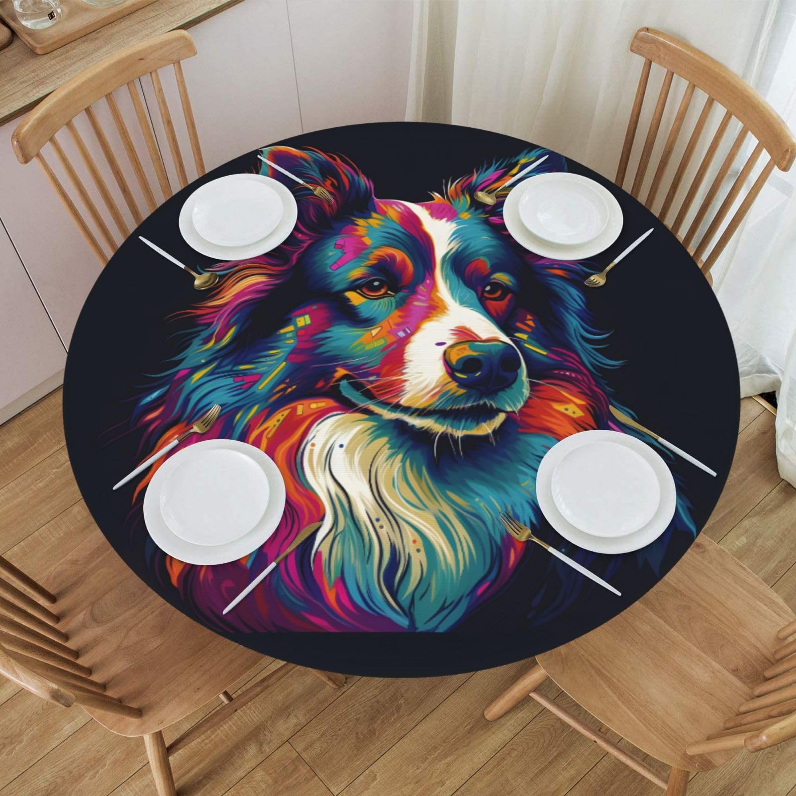 Mexpekil Round Fitted Table Cover with Elastic Edged Colorful Dog Wipe Clean Tablecloth Waterproof Table Protector for Outdoor Indoor S fits 40-44 Inch Round Table