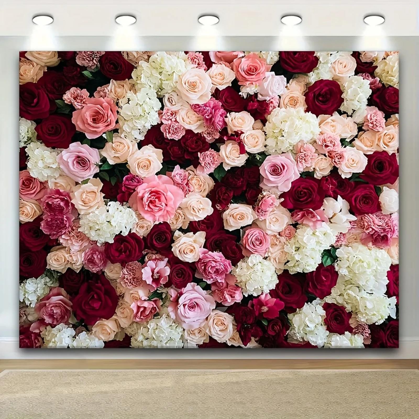 Wandbild aus eleganten rosa und roten Rosenblüten - Kunstblumen aus Polyester, Hochzeit, Brautparty, Hochzeitsdekoration 300x200cm