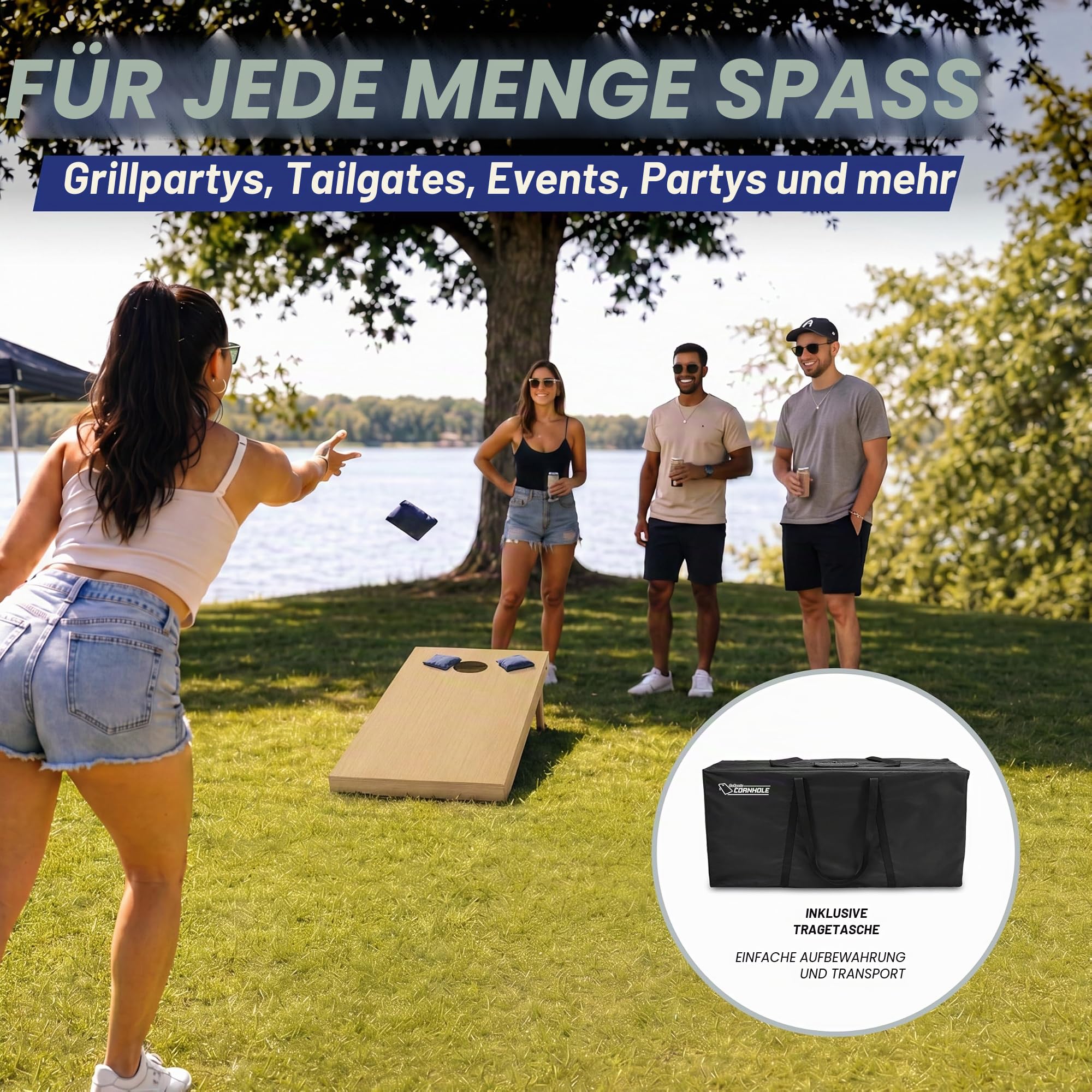 GoSports Premium-Cornhole-Sets aus Massivholz, wähle 1,2 x 0,6 m oder 91 x 61 cm, Spielbretter enthalten 8 Cornhole Toss Bags