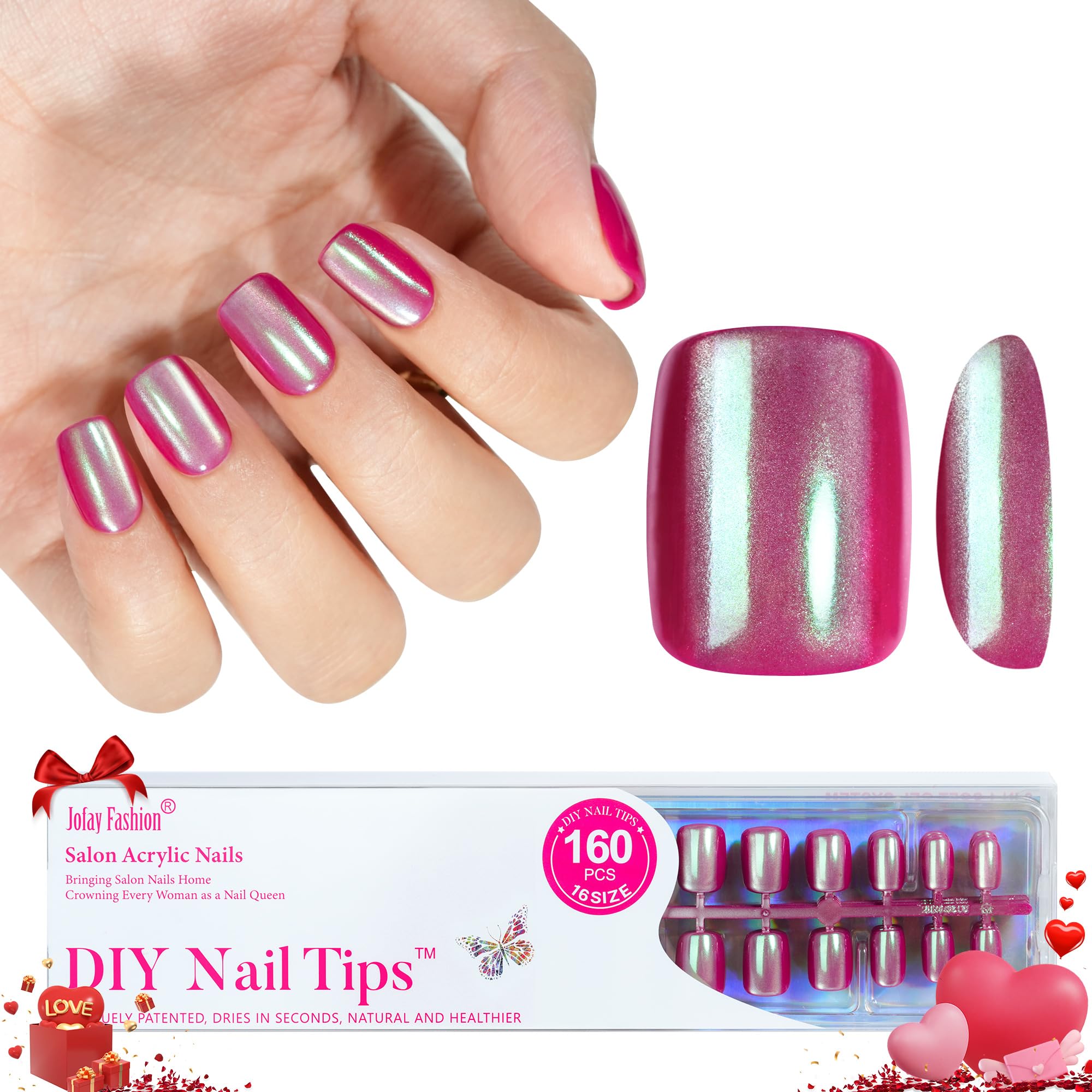Press on Nails Pink Chrome- Jofay Fashion Press on Nails Short Square, Stick On Nails in 16 Sizes -160PCS Soft Gel Fake Nails Kit for Valentines Day