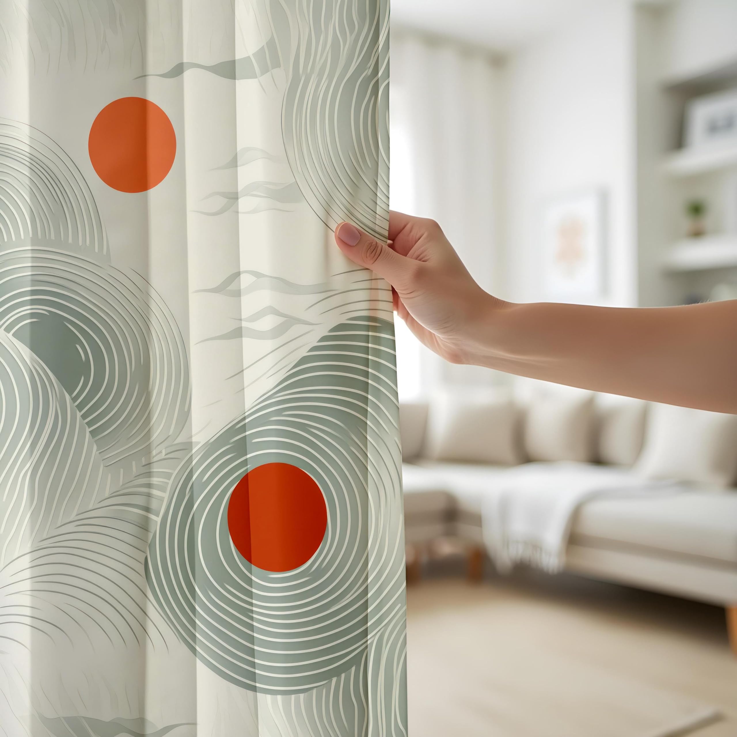 Rideaux occultants pour Chambre à Coucher, 2 Panneaux, Motif Abstrait Vert et Rouille, Inspiration Japonaise, pour Salon (L x H / 2 x 140 x 180 cm)