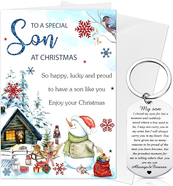 Christmas Card Son, Inspirational Son Gifts Keyring from Mum Dad and Gift Card Envelopes Set Son Gifts Son Keyring for Son Boys Presents Birthday Graduation Christmas