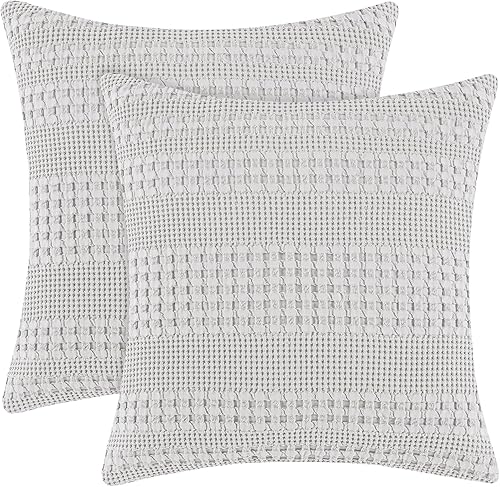 PHF - Paquete de 2 fundas de almohada de 100% algodón, punto gofre, sin relleno, elegantes fundas decorativas para cama, sillón y sofá, 26 x 26