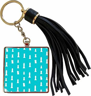3dRose Chess piece pattern on aqua blue - turquoise teal with white game pieces for chess players - masters Tassel Key Chain