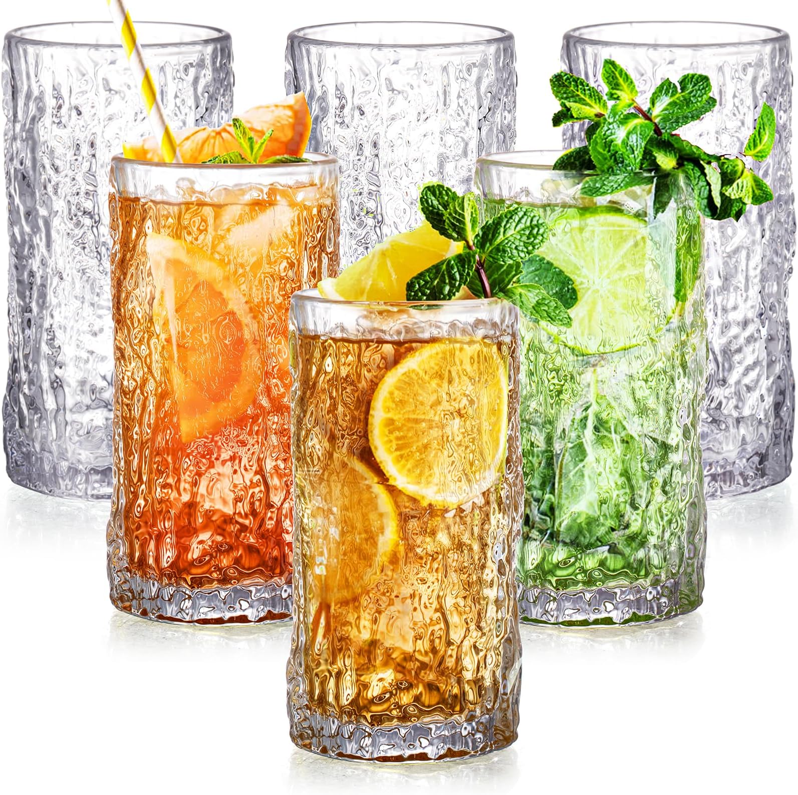 Cididu Set of 6 Textured Drinking Glasses, 10 oz Embossed Highball Water Glasses, Iced Tea Beverage Glass Thick Heavy Base, Vintage Glassware Sturdy Drinkware for Juice, Milk, Coffee, Dishwasher Safe