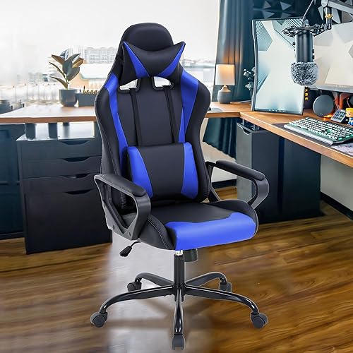 Silla de juegos, respaldo alto, de piel sintética, silla de computadora con reposabrazos, reposacabezas y soporte lumbar para niños, adolescentes,