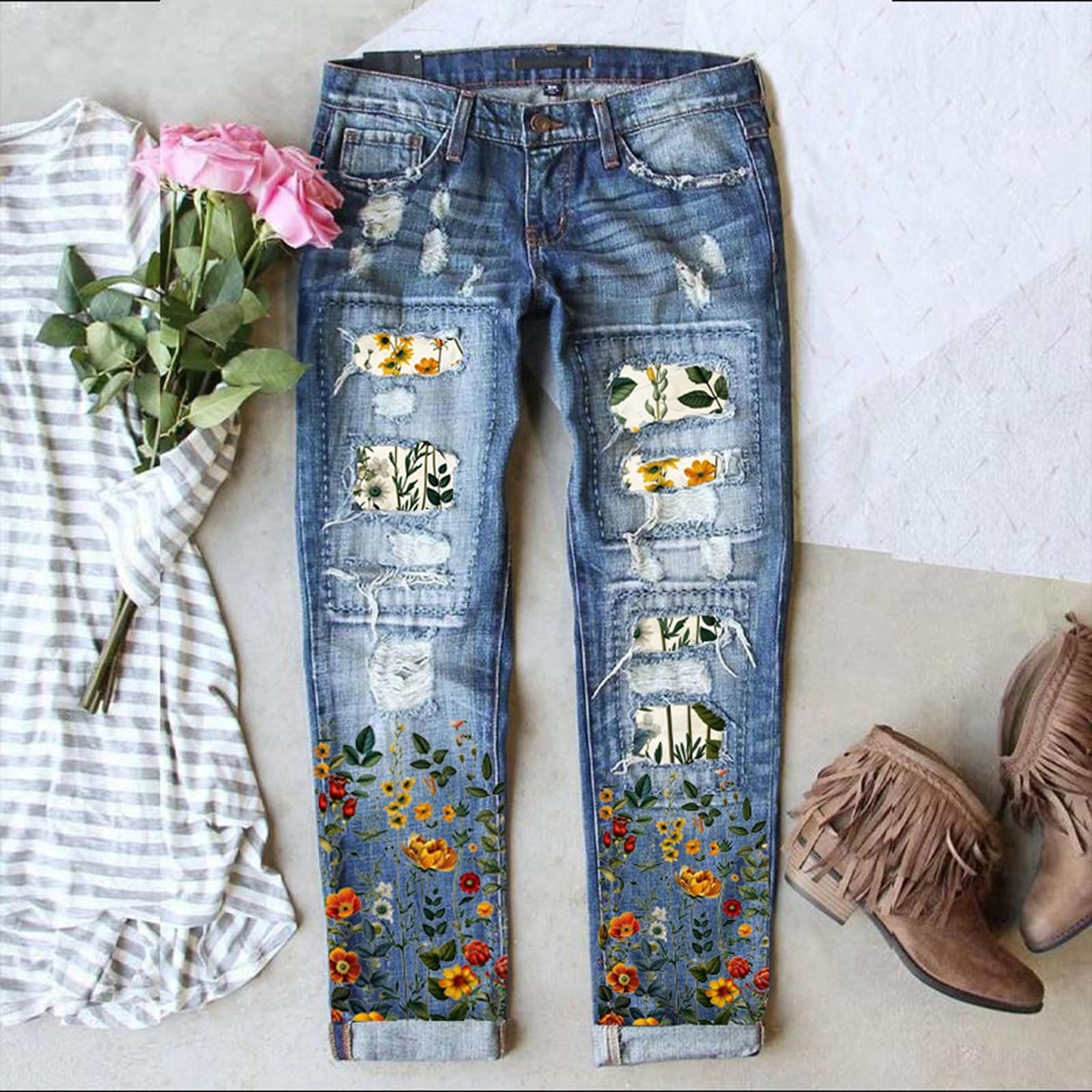 Hosen Damen Jeans - Damen Jeans mit dekorativem Blumenmuster modischen Zerrissenheiten im modernen Skinny Fit für stilvollen Komfort