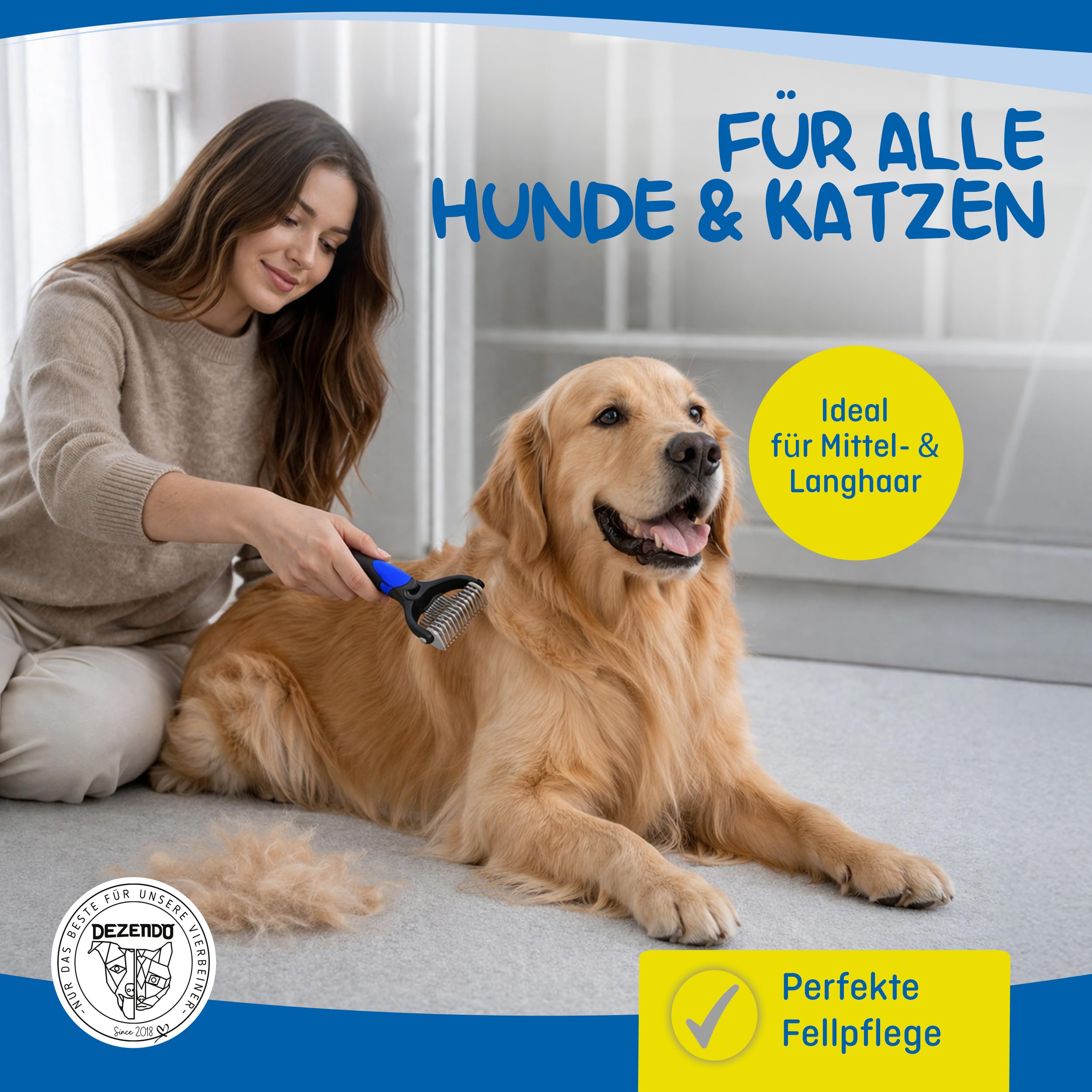 Unterfellbürste für Hunde & Katzen mit MITTEL- & LANGHAAR (Gr. M-L) - Hundebürste & Katzenbürste gegen Verknotungen & für Fellpflege (ohne ziepen) - Fellbürste für Unterwolle & Unterfell