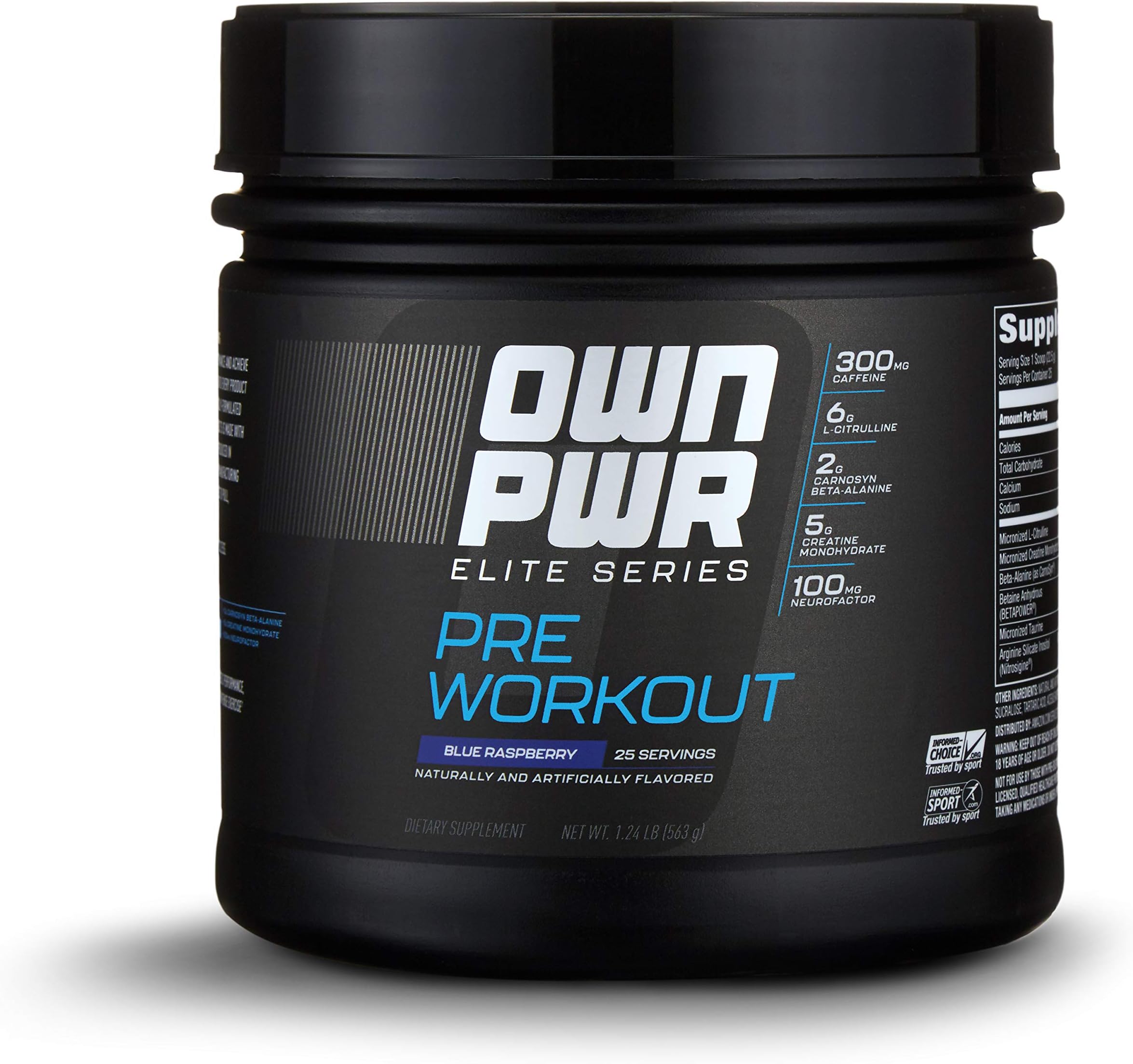 Amazon Brand - OWN PWR Elite Series Pre Workout Powder, Blue Raspberry, 25 Servings, Keto Friendly, 5G Creatine, 2G Beta Alanine (as CarnoSyn), 300mg Caffeine & more