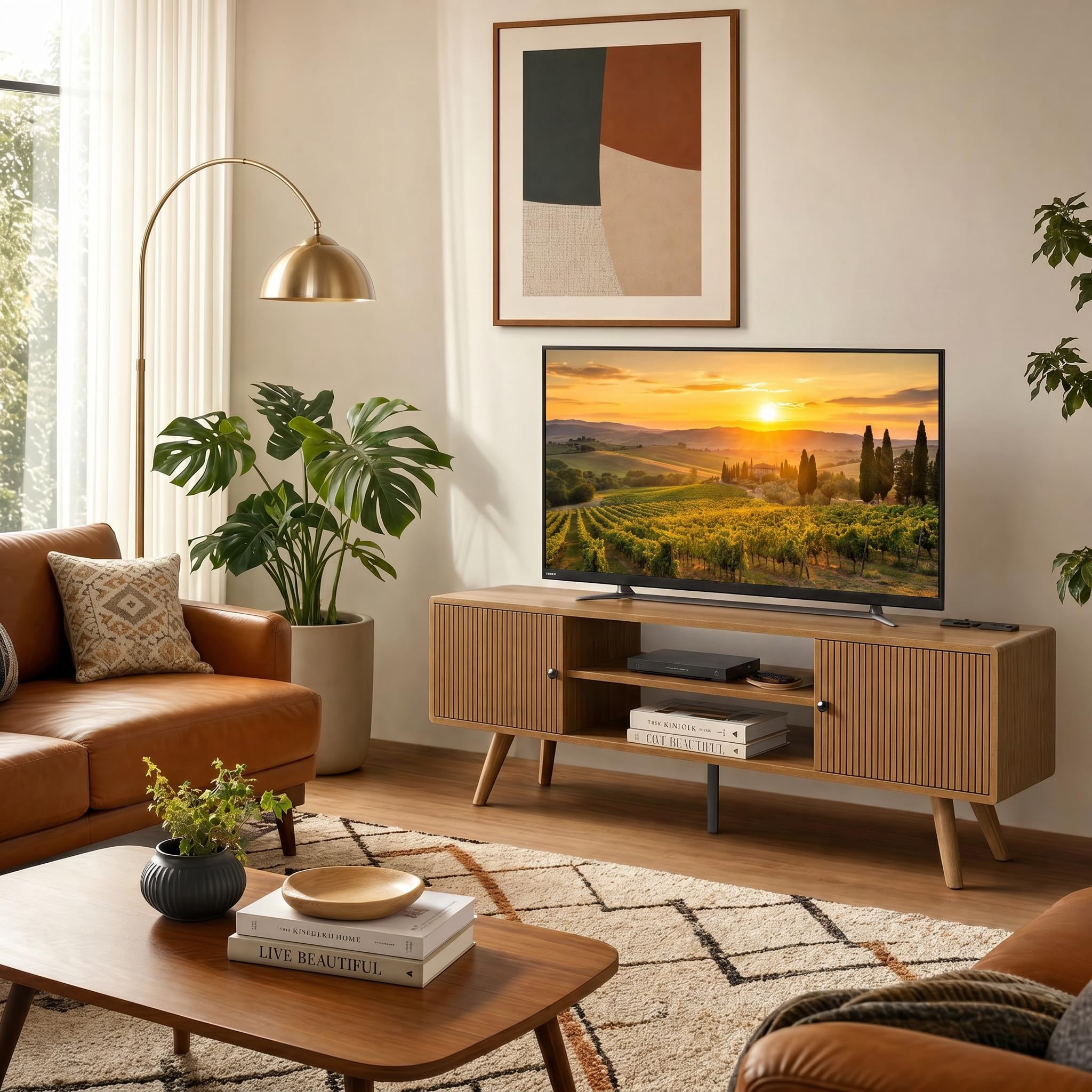 TV Schrank Holz 140cm lang – Lowboard Stehend mit 2 Staufächern & 2 Offenen Regalen, TV Sideboard Wohnzimmer für 60 Zoll Fernseher, Fernsehtisch Holz aus P2-Platte 15cm, Moderner & Landhausstil,Eiche