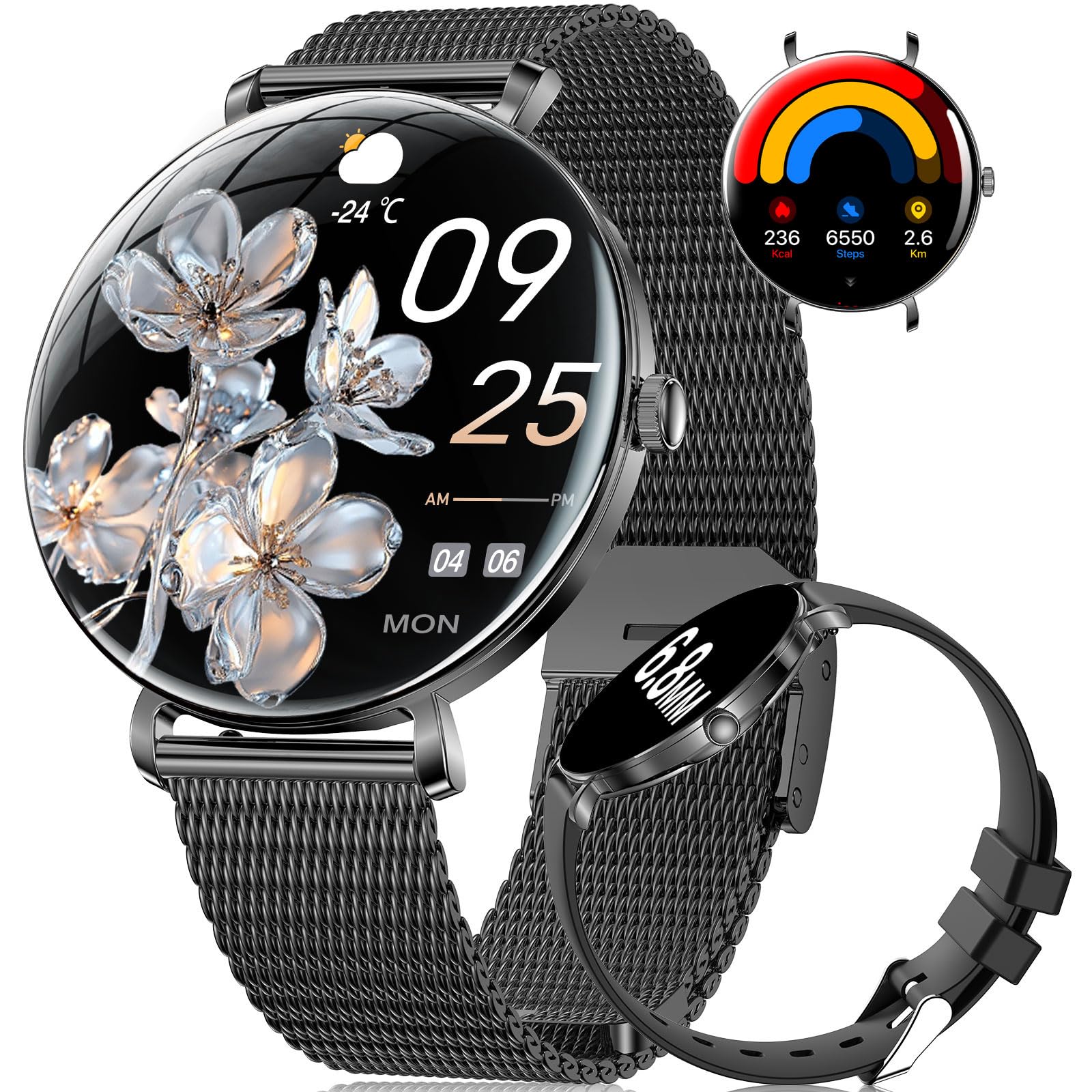 Montre Connectée Femme avec Appel Bluetooth, 1.43" HD AMOLED Ultra-fin Smartwatch pour Android iOS, Santé Au Féminin, Podometre Montre de Fitness 100+ Modes Sportifs, Sommeil, Fréquence Cardiaque,IP68