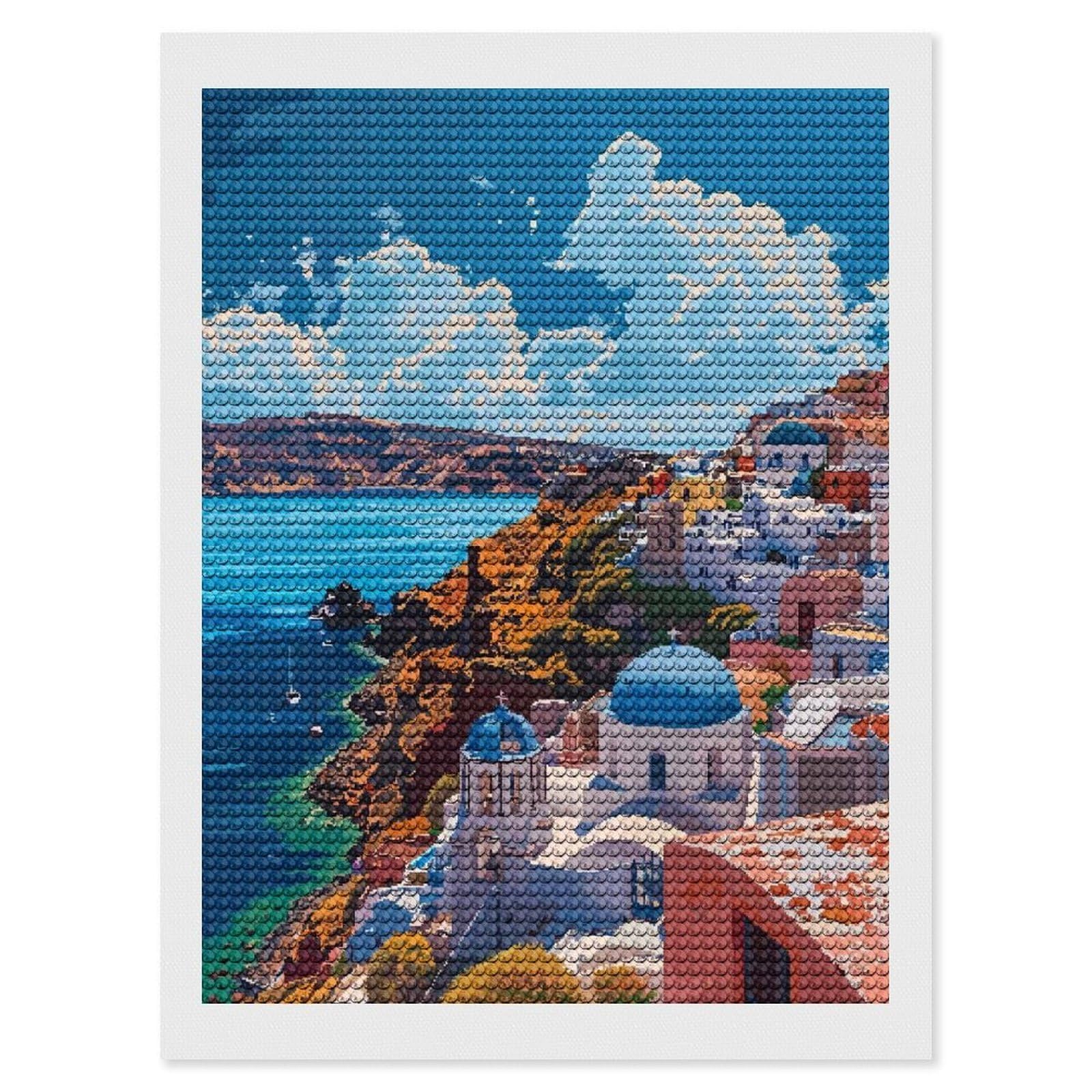 Junmoney Greek Santorini Art Retro Diamond Art Kit 12"x16", Modern Decor, for Adults, Printed Canvas, Holiday Gift Idea, Fun Craft Experience