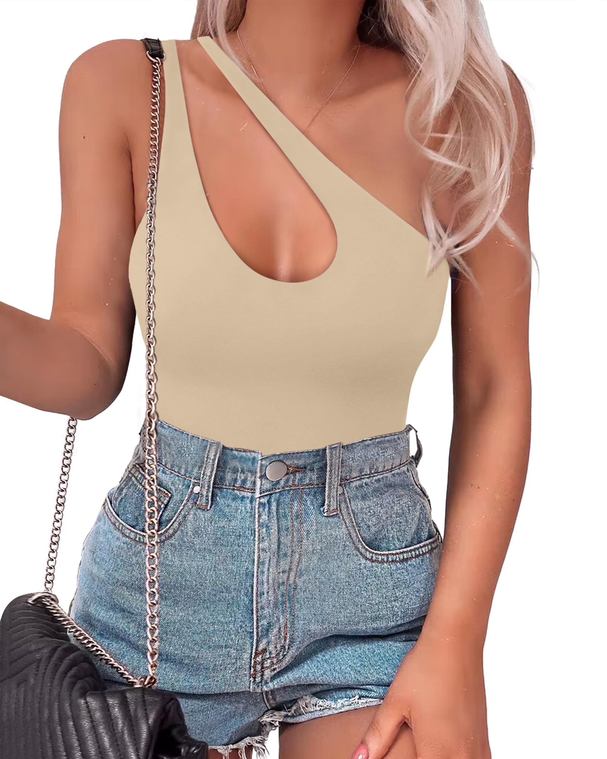 SAUNGKUAI Women's Sexy One Shoulder Sleeveless Cutout Thong Bodysuit Tank Top Body Suits Backless Asymmetrical Going Out Tops