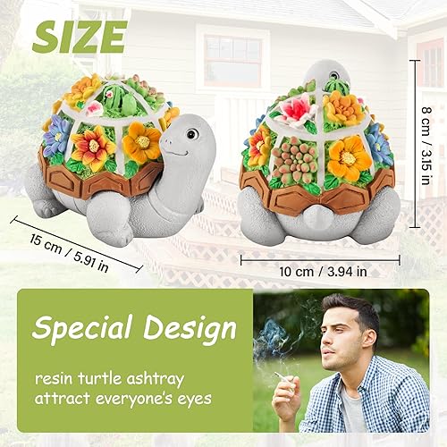 Miniatura 3 de LESES Cenicero, lindo cenicero de cigarrillos de tortuga con tapa, sin humo, impermeable, cenicero de resina para exteriores, para patio, hogar,