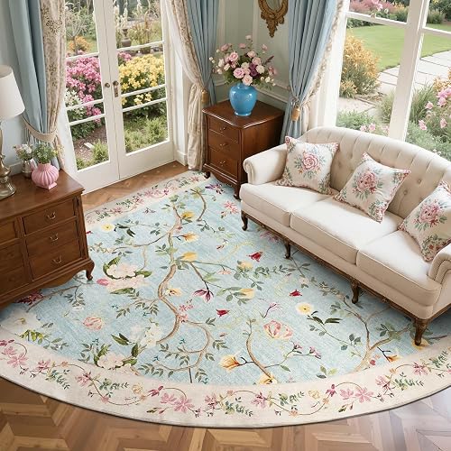 jinchan 8ft Washable Quarter Circle Corner Rug, Oriental Floral, Blue/Pink