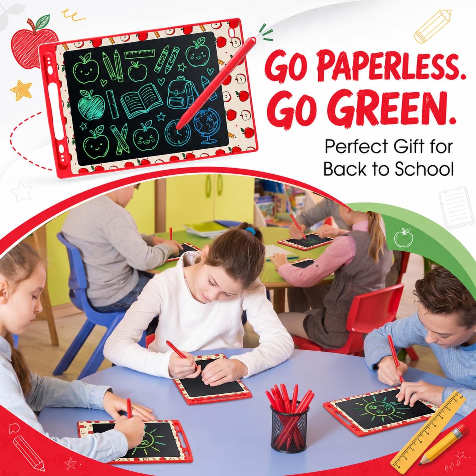 Zonon LCD-Schreibtablett für Kinder, 21,6 cm, wiederverwendbar, Doodle Board, löschbare Zeichenblöcke mit Apfel- und Bleistift-Muster, pädagogische Geschenke für Partygeschenke, 12 Stück