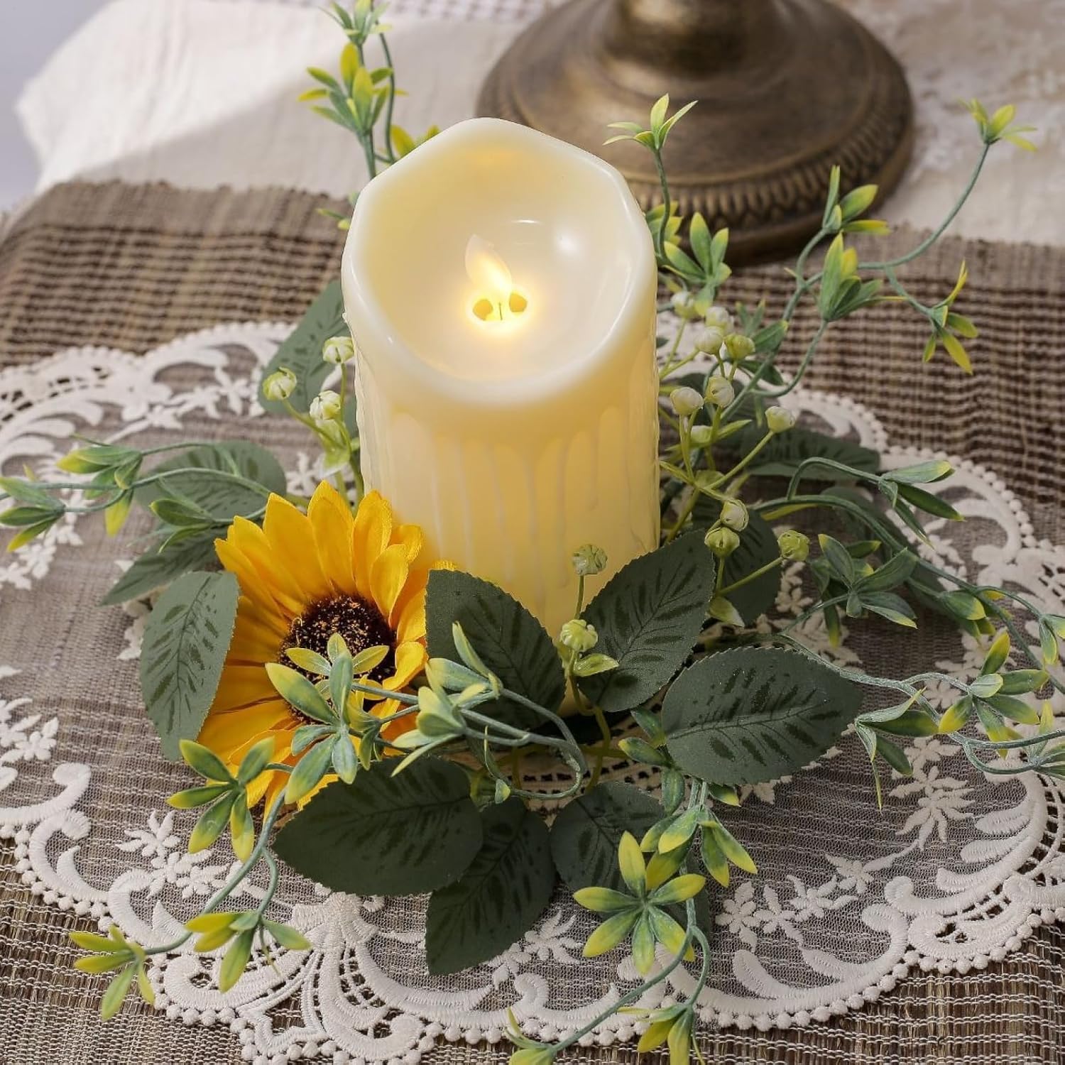 Pillar Candle Wreath Ring - Decorative Candle Stand Floral Hoop | Faux Plant Vine Material with Soft Petals Detail, Round Base Surrounding Holder for Home Event Styling 9.84 in
